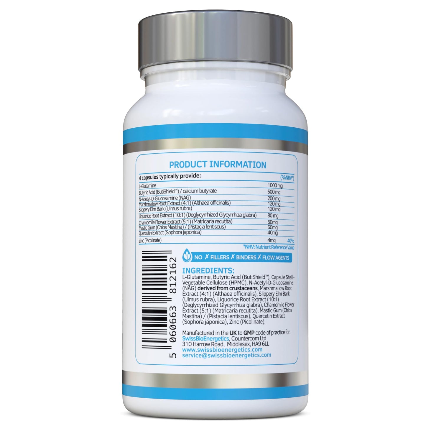 swiss bioenergetics L-Glutamine Complex with Butyric Acid, Glucosamine (N-Acetyl-D), Marshmallow Root, Slippery Elm Bark, Liquorice Root, Chamomile Flower, Mastic Gum, Quercetin & Zinc - UK Made and No Artificial Nasties