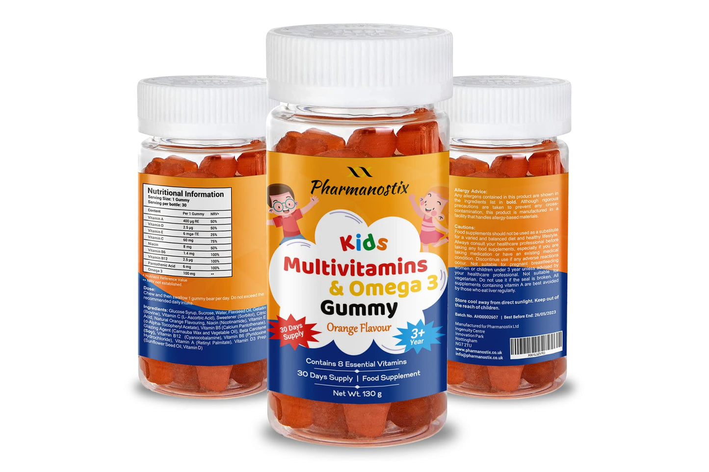 Chewable Multivitamin & Omega3 Bear Gummies for Kids - Children's Orange Flavour - 30 Count- Age 3 Upward- Omega 3 Supplement, with Vitamin C, A, B, D & Vitamin E.