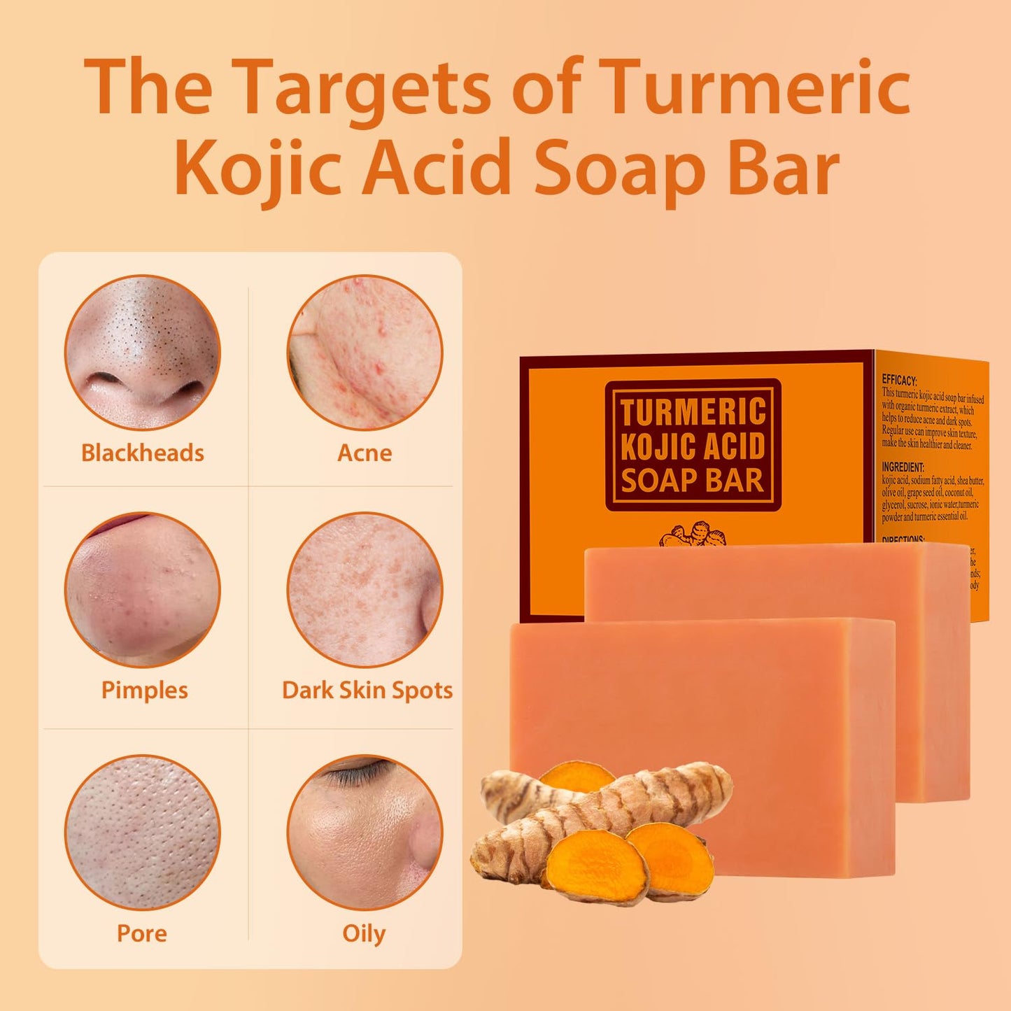 IREV Turmeric Soap with Kojic Acid, Turmeric Soap Bar For Face and Body, Kojic Acid Soap For Dark Spot Remover Brightening Turmeric Soap Bar for Acne Face Bar For Cleansing Exfoliating Wash 200g