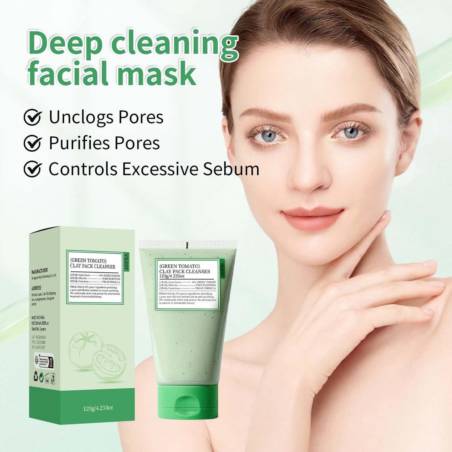 QIEEUMIN Green Tomato Clay Mask Pore Cleanser Pore Purifying with 49% Green Tomato Extract Moisturising Water Locking Antioxidant Sebum & Clogged Pore Care Exfoliation Fragrance-Free 120g