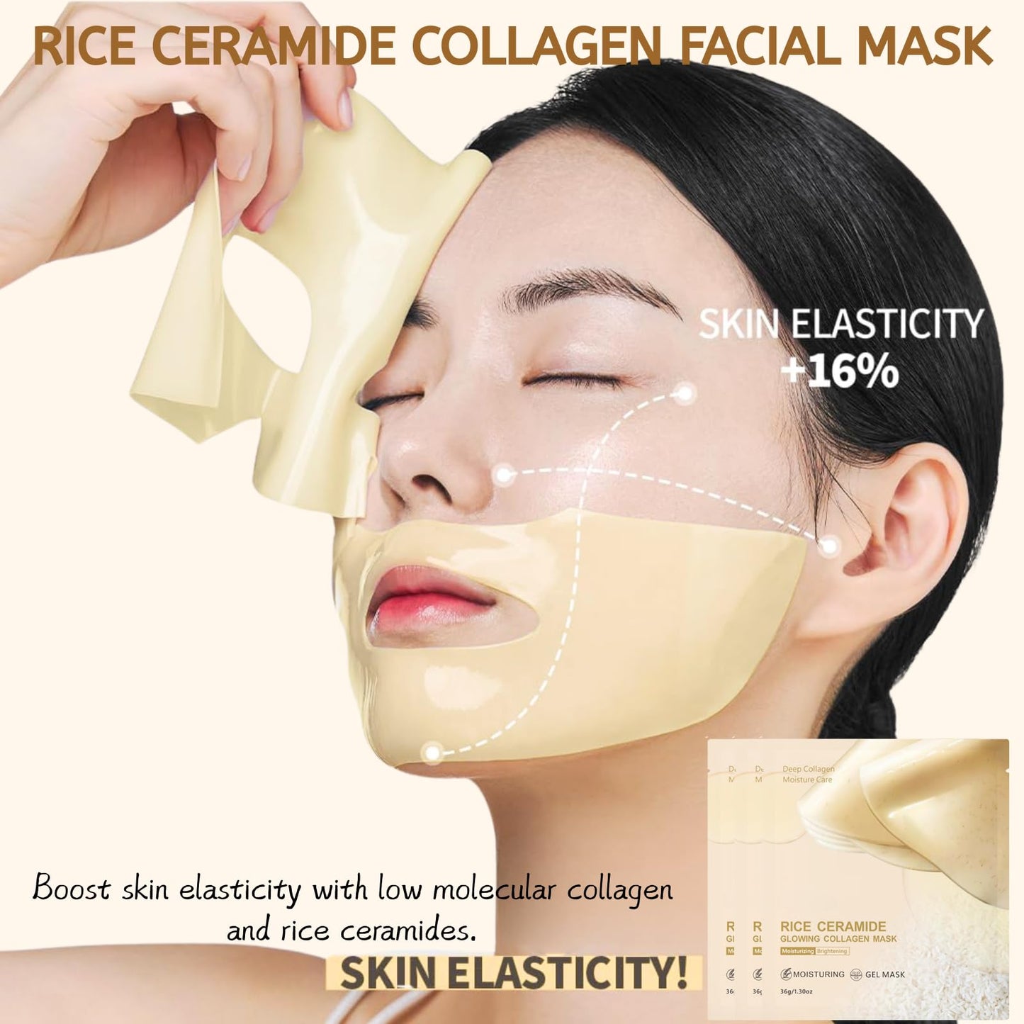 6Pcs Rice Glow Collagen Mask, Rice Ceramide Collagen Face Mask, Bio Overnight Face Mask for Glass Skin, Brightening Night Wrapping Gel, Tightening, Shrink Pores, Soothe, Repair, Korean Skincare