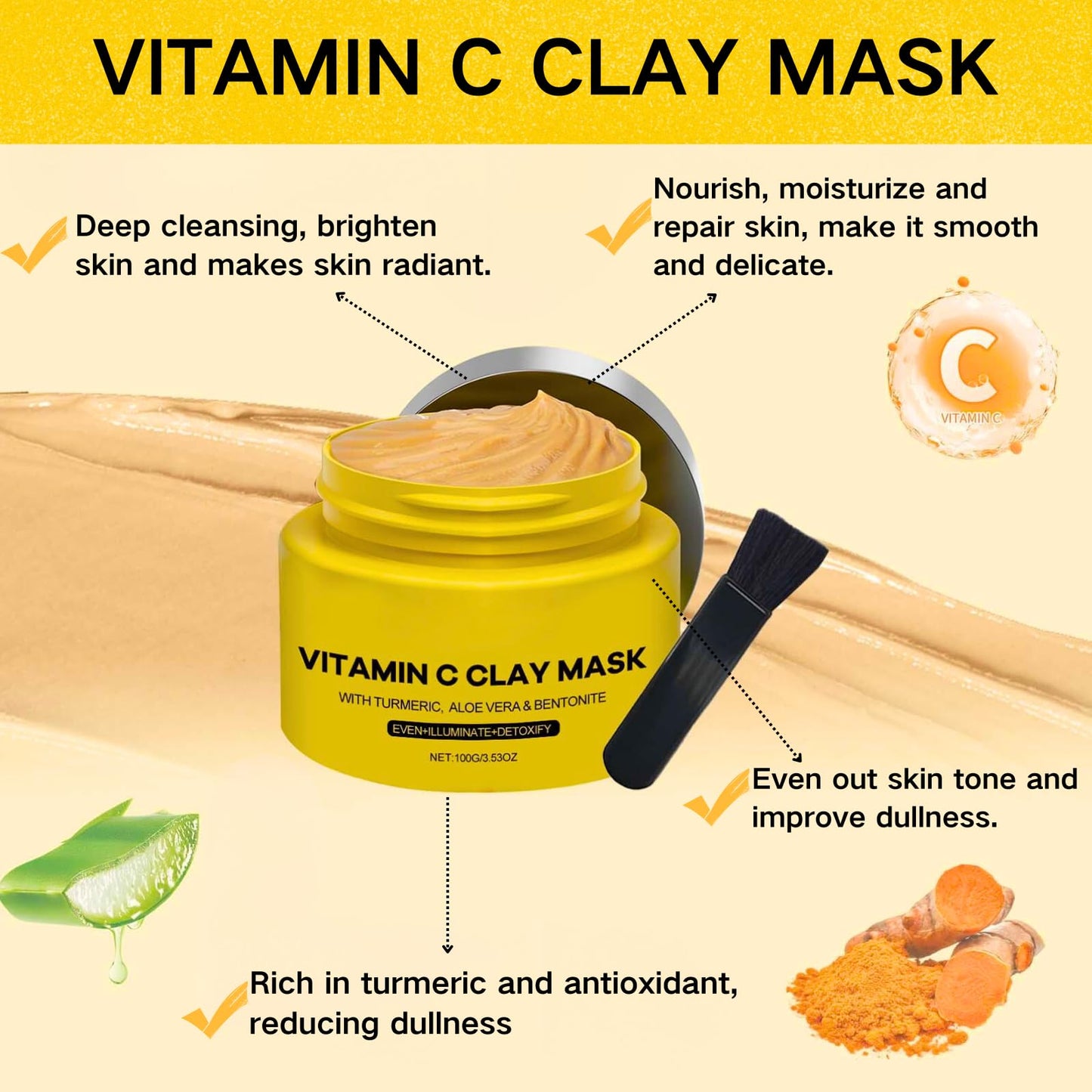 TBeautfave Turmeric Vitamin C Clay Mask Deep Cleansing Face Mask Skin Care Improve Dark Spots and Even out skin tone Facial Mask