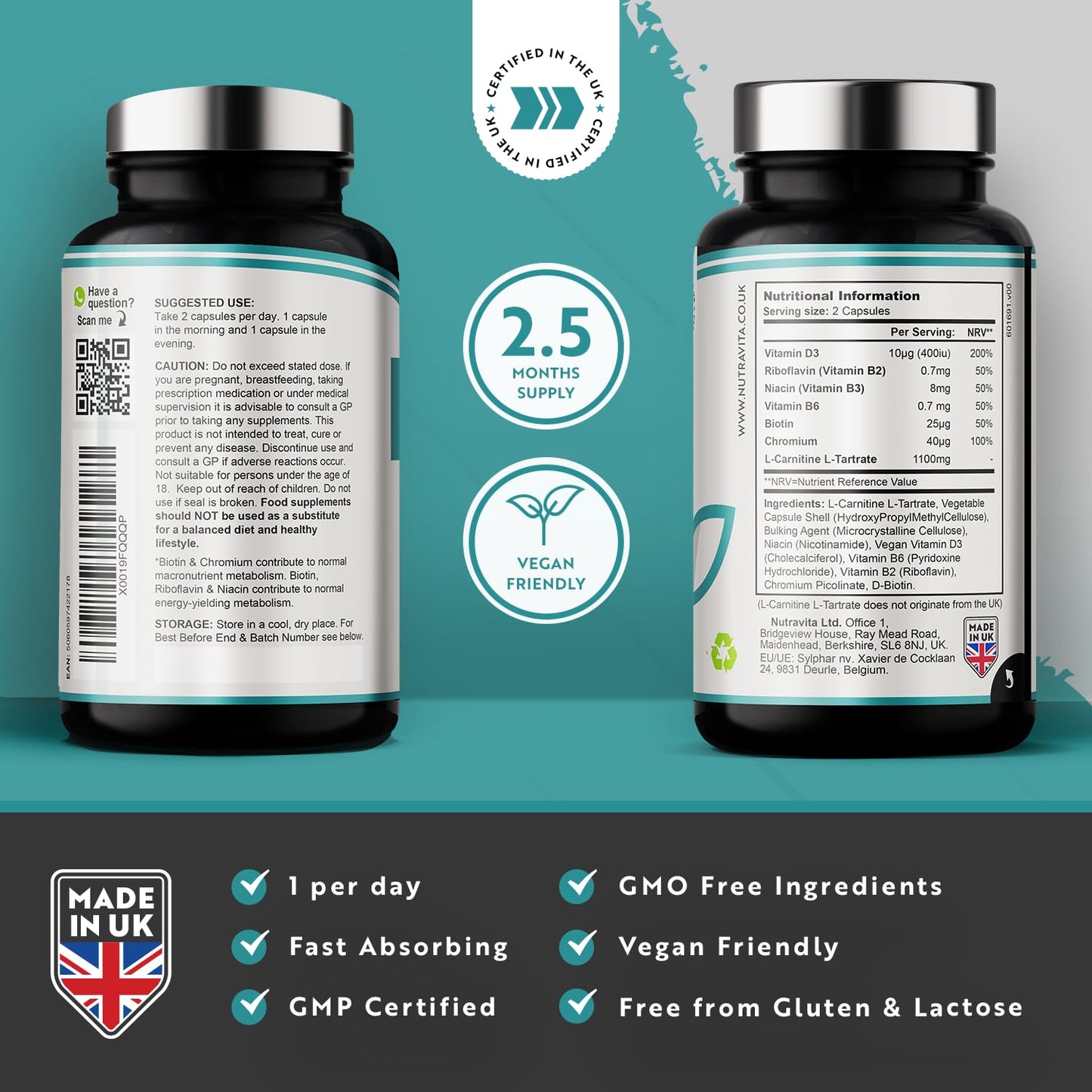 L-Carnitine Complex - High Strength Capsules with Added Riboflavin, Biotin, Chromium, Vitamin D, B3 & B6 - Macronutrient & Energy Yielding Metabolism - 150 Vegan Capsules - Made in the UK by Nutravita