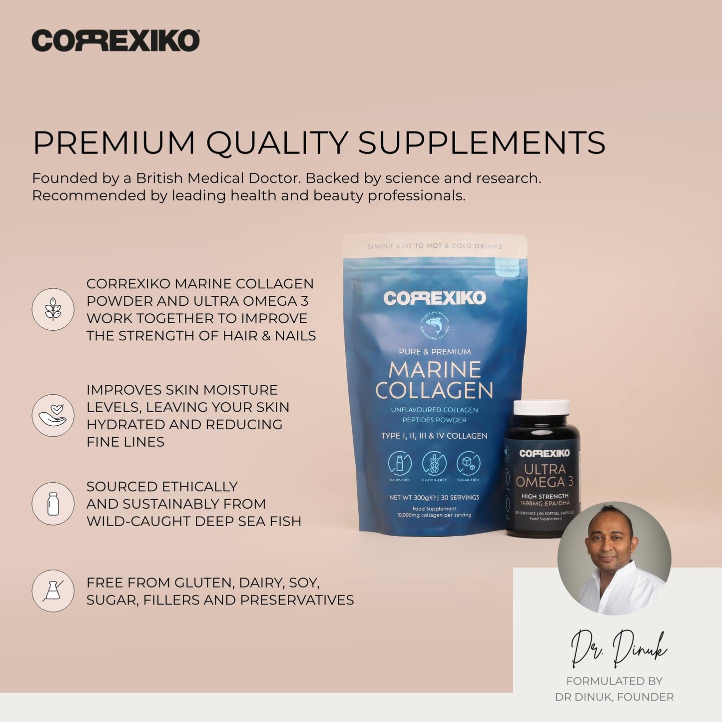 CORREXIKO Marine Collagen Powder & Ultra Omega 3 Supplement Bundle - 10,000mg Double Hydrolysed Collagen Peptides Per Serving & High Strength Omega 3 Capsules - for Hair, Skin & Nails - 30 Day Supply