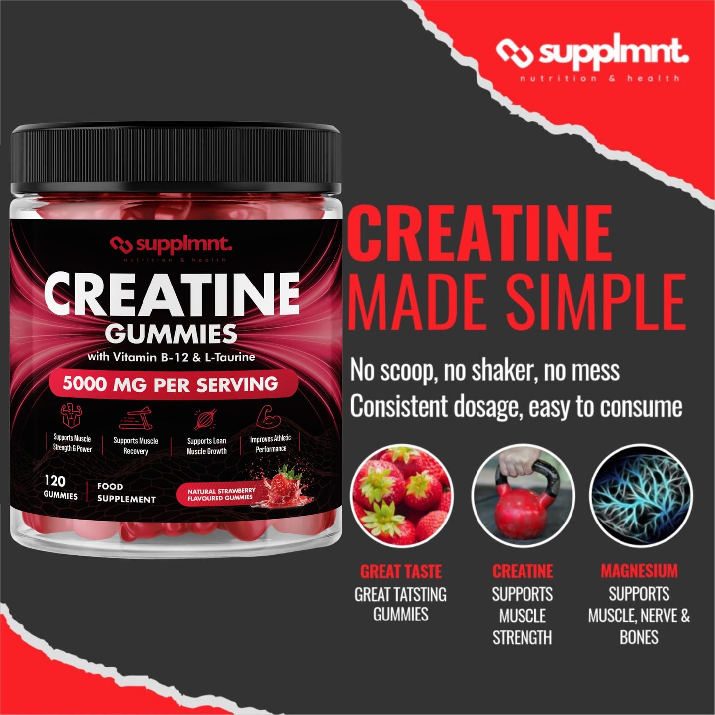 Creatine 120 Gummies Max 5000mg for Men & Women Creatine Monohydrate Plus B12 and L-Taurine Chewable Gummies, Strawberry Flavour 1 Month Supply (1 Count (Pack of 120), Strawberry)