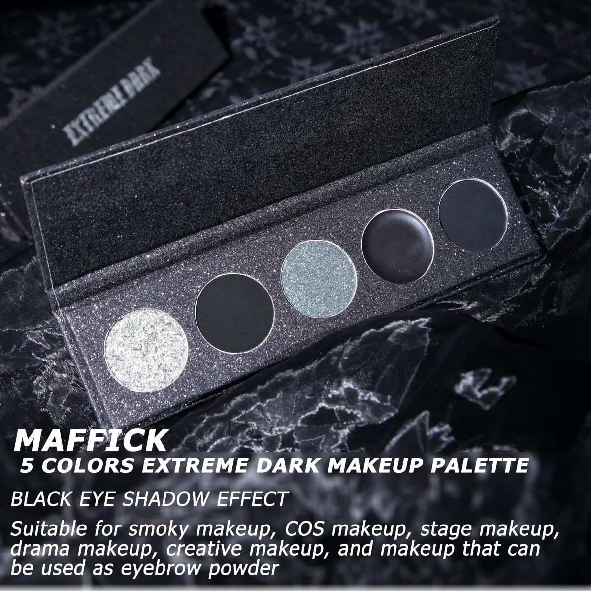 FANFALUV Black Smokey Eyeshadow Palette Makeup,5 Colors Black Silver Gray Blue Eye Shadow Pallets For Women,Long Lasting,Waterproof and Blendable,Highly Pigmented Gothic Makeup Matte For Halloween gifts