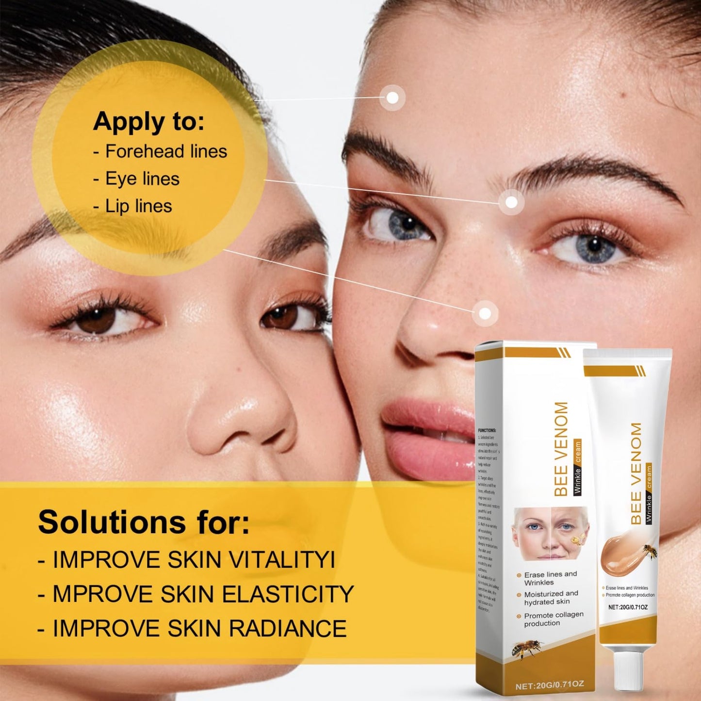 Ruojiar Bee Venom Wrinkle Removal Cream,Face Cream for Women,Bee Venom Anti-Wrinkle Cream,Skin Firming Cream,Bee Venom Skin Treatment Cream,Anti Wrinkle Firming Multi Purpose Cream,Skin Tightening Cream