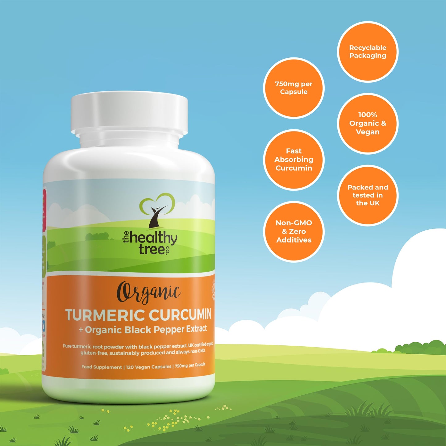 Organic Turmeric Capsules by TheHealthyTree Company - High Strength with BioPerine Black Pepper Extract - Vegan Turmeric Curcumin Root Tablets - 120 x 750mg per Capsule