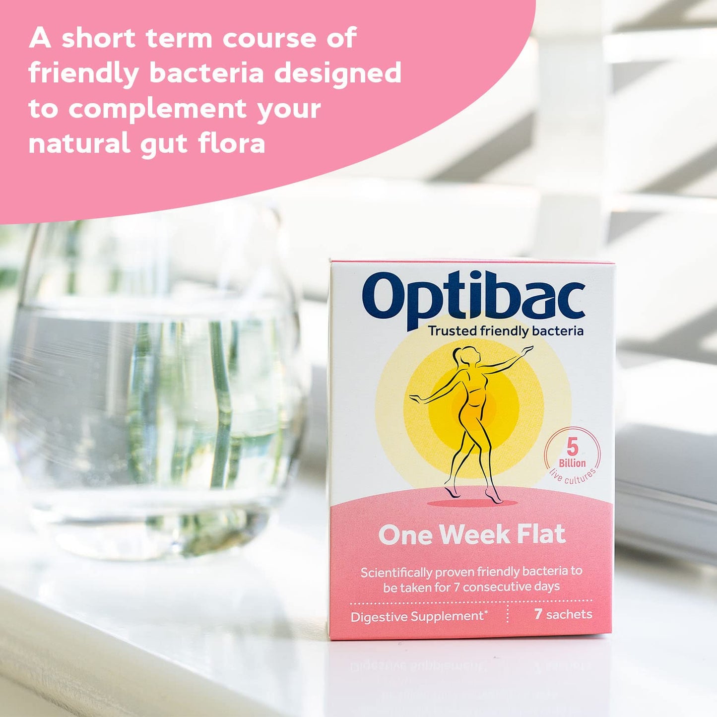 OptiBac Optibac Probiotics One Week Flat - Vegan Digestive Probiotic Supplement Suitable for Bloating with 5 Billion Bacterial Cultures - 2 Week Supply, 14 Sachets