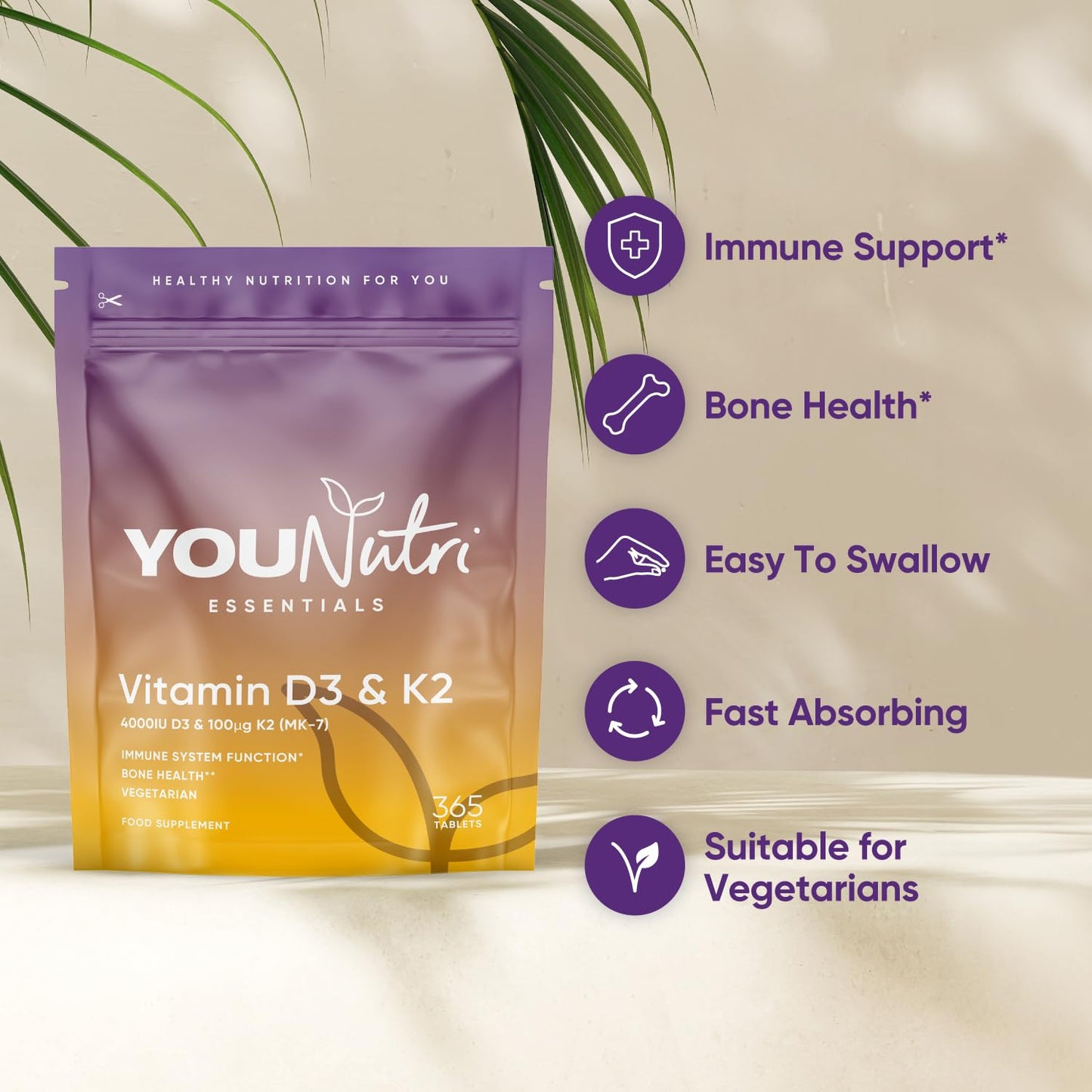 YouNutri Vitamin D3 4000 iu & Vitamin K2 MK-7 100μg - 1 Year Supply, 365 Easy-Swallow Vitamin D3 K2 Tablets, 1-A-Day High Strength Vegetarian D3 and K2 Vitamin Supplements, UK Made Vitamin D Tablets