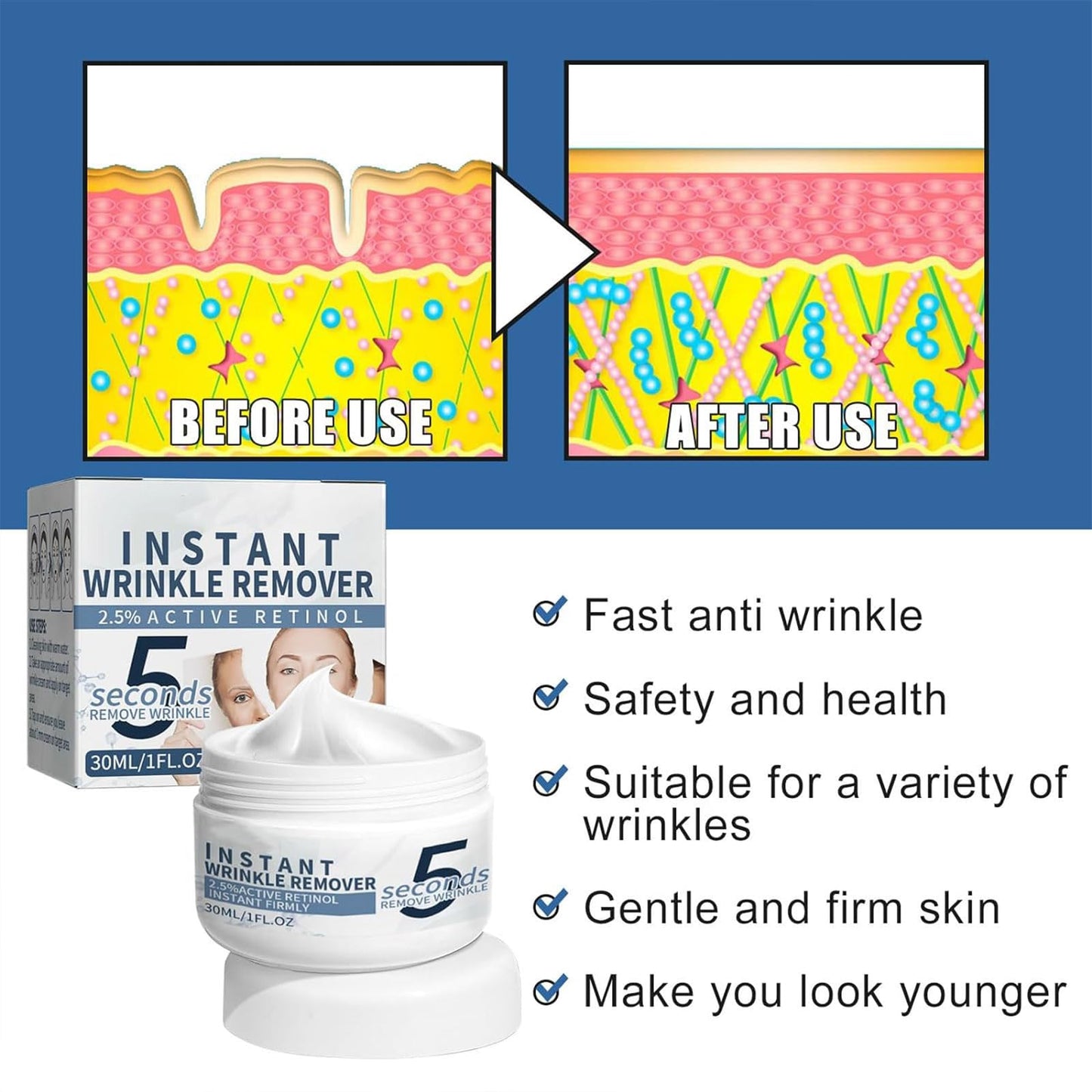 QEUTKEZS Anti-Aging Face Cream,5 Seconds Instant Wrinkle Removal Cream,with 2.5% Retinol Anti-Wrinkle Cream Skin Firming Lifting Moisturizing Facial Cream Remove Fine Line Skin Care