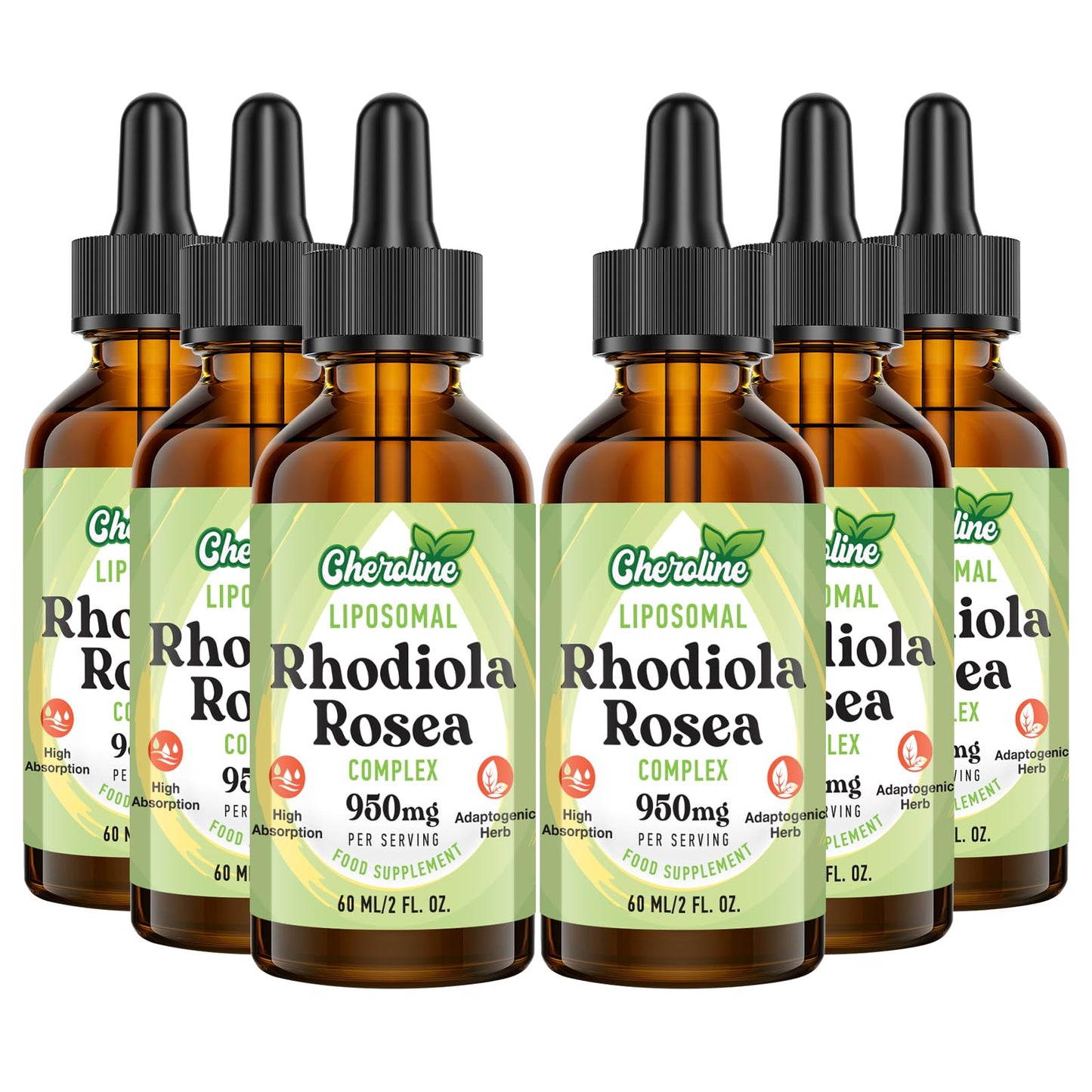 Cheroline Liposomal Rhodiola Rosea 950 mg, 9-in-1 Rhodiola Rosea Drops 360 ml, Rhodiola Root Liquid Tincture, Vegan Adaptogenic Herb Supplement for Energy, Stress & Mood (Pack of 6)