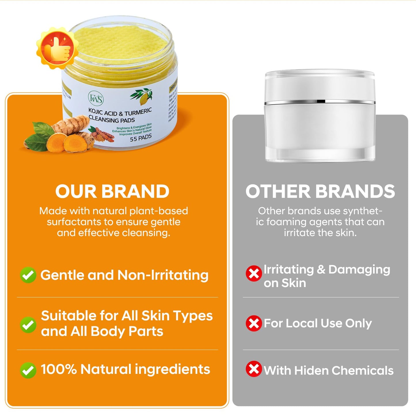 FW Stores Pack of 55 Pure Kojic Acid & Turmeric Cleansing Pads for Deep Facial Skin Cleaning, Skin Moisturizing, Improve Uneven Skin Tone and Gently Healing Acnes