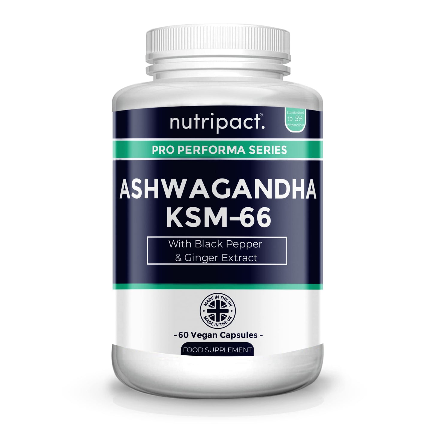 nutripact Ashwagandha KSM 66, Black Pepper and Ginger Extract - 5% Withanolides - 60 Vegan Capsules - Ayurveda and Adaptogen - Anxiety Relief, Mood Booster, Performance - Made in The UK