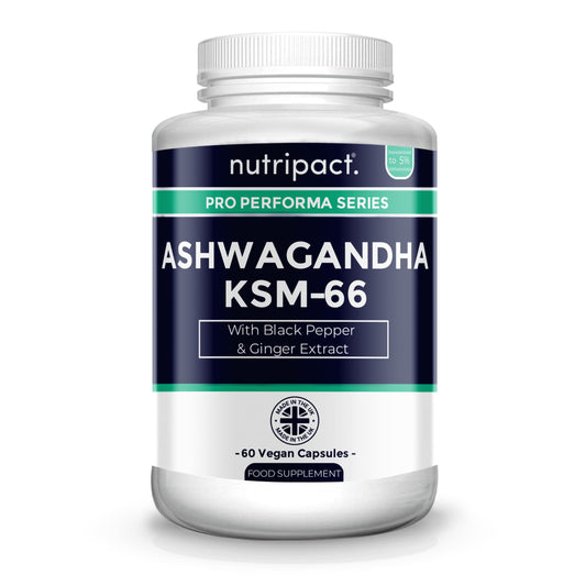 nutripact Ashwagandha KSM 66, Black Pepper and Ginger Extract - 5% Withanolides - 60 Vegan Capsules - Ayurveda and Adaptogen - Anxiety Relief, Mood Booster, Performance - Made in The UK