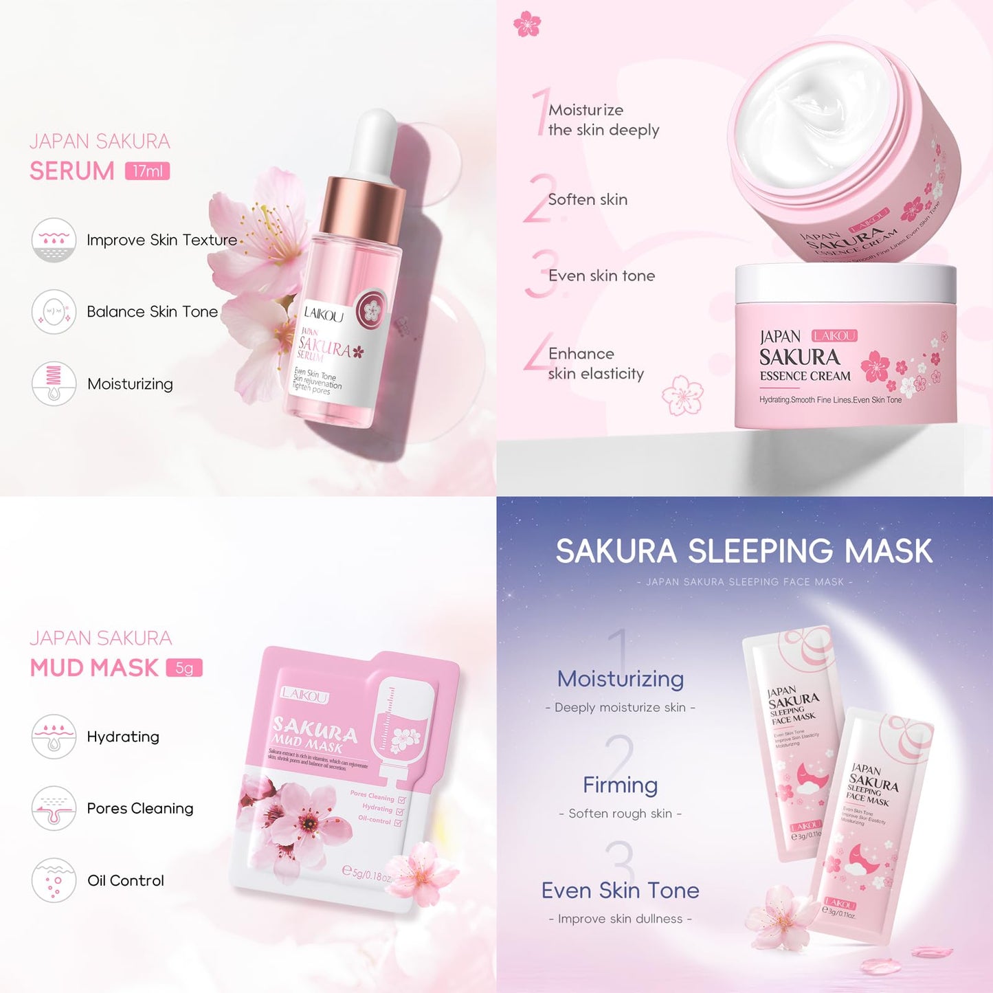 Shengqialun Skin Care Sets & Kits, 24PC Cherry Blossom Skincare Set Skin Care for Teenage Girls, Pamper Sets for Women with Face Cream,Face Serum,Lip Mask,Sleep Mask,Eye Mask,Mud Mask,Cleanser