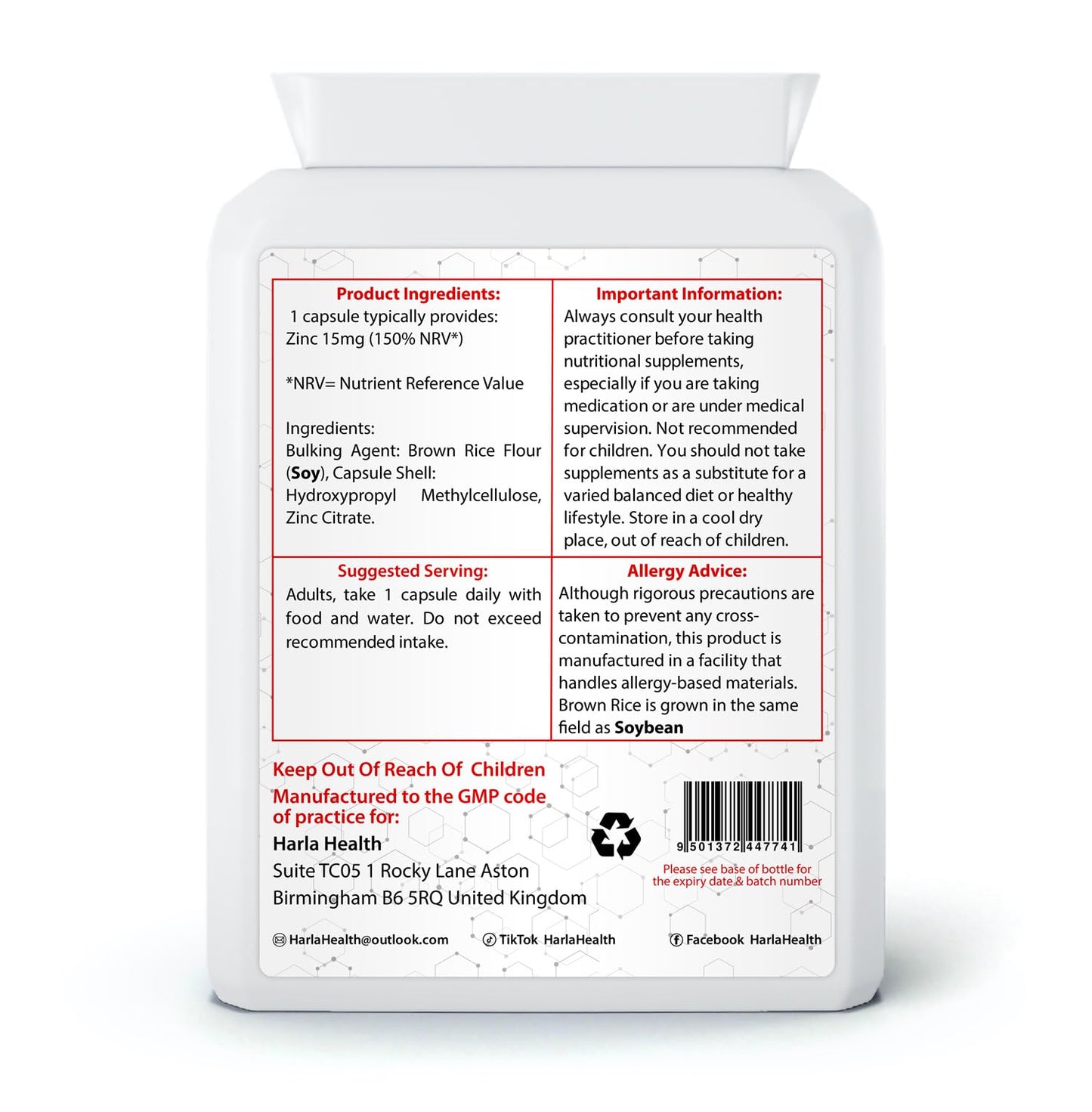 Zinc - 15mg - 120 Capsules - 4 Months Supply - Suitable for Vegetarians & Vegans - Harla Health - Make in The UK - GMP Codes of Practice