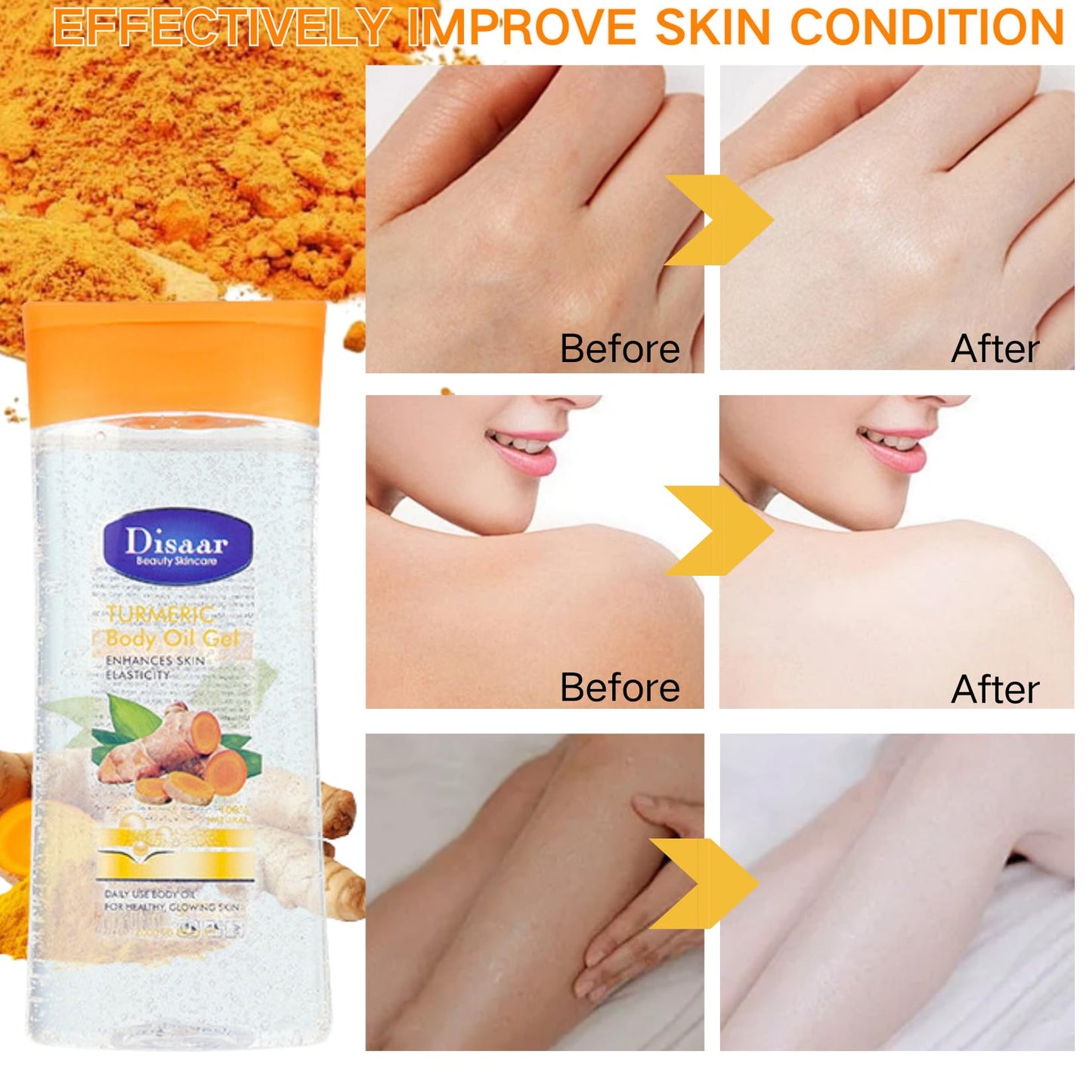 Body Oil Gel - Turmeric Oil - Essential Oils for Skin - Massage Oil for Face&Body Oil - Nourish Facial Oil - Body Moisturiser for Dry Skin - Enhance Skin Elasticity&Absorbed(200ML, Turmeric)