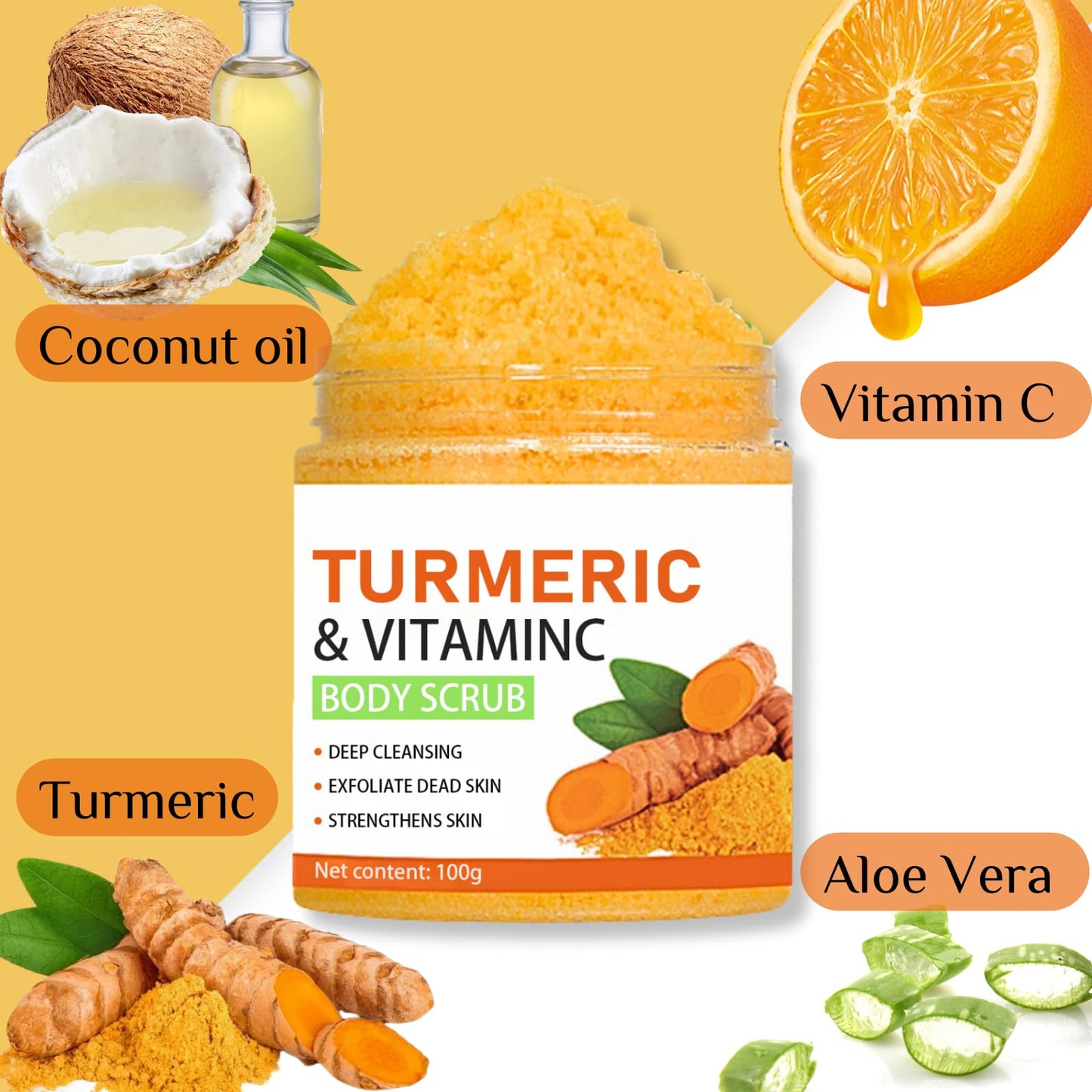 Turmeric And Vitamin C Body Scrub, Exfoliating Body Scrub With Turmeric, Dead Skin Remover For Body, Improve Dark Spots&Acne, Natural Deep Cleansing Body Scrub Exfoliator, Body Skin Care, 100g