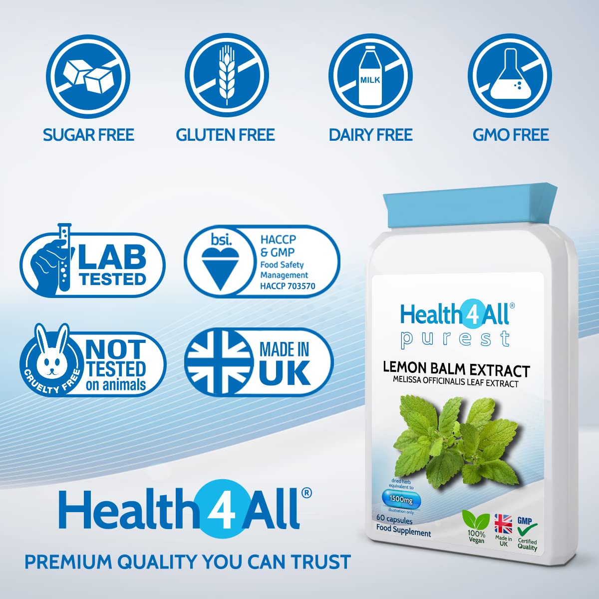 Health4All Lemon Balm Extract 1500mg 60 Capsules Purest: no additives, Vegan Melissa for Anxiety, Stress and Sleep Supplement