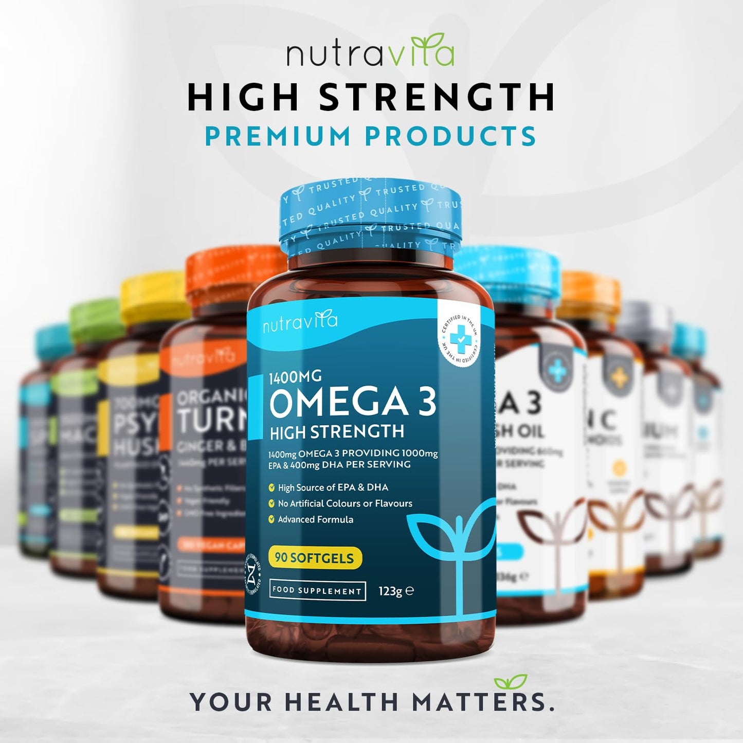 Highest Strength Omega 3 Fish Oil 2000mg - Providing 1000mg EPA & 400mg DHA per Serving - Sustainably Sourced & Contaminant Free - Made in The UK by Nutravita