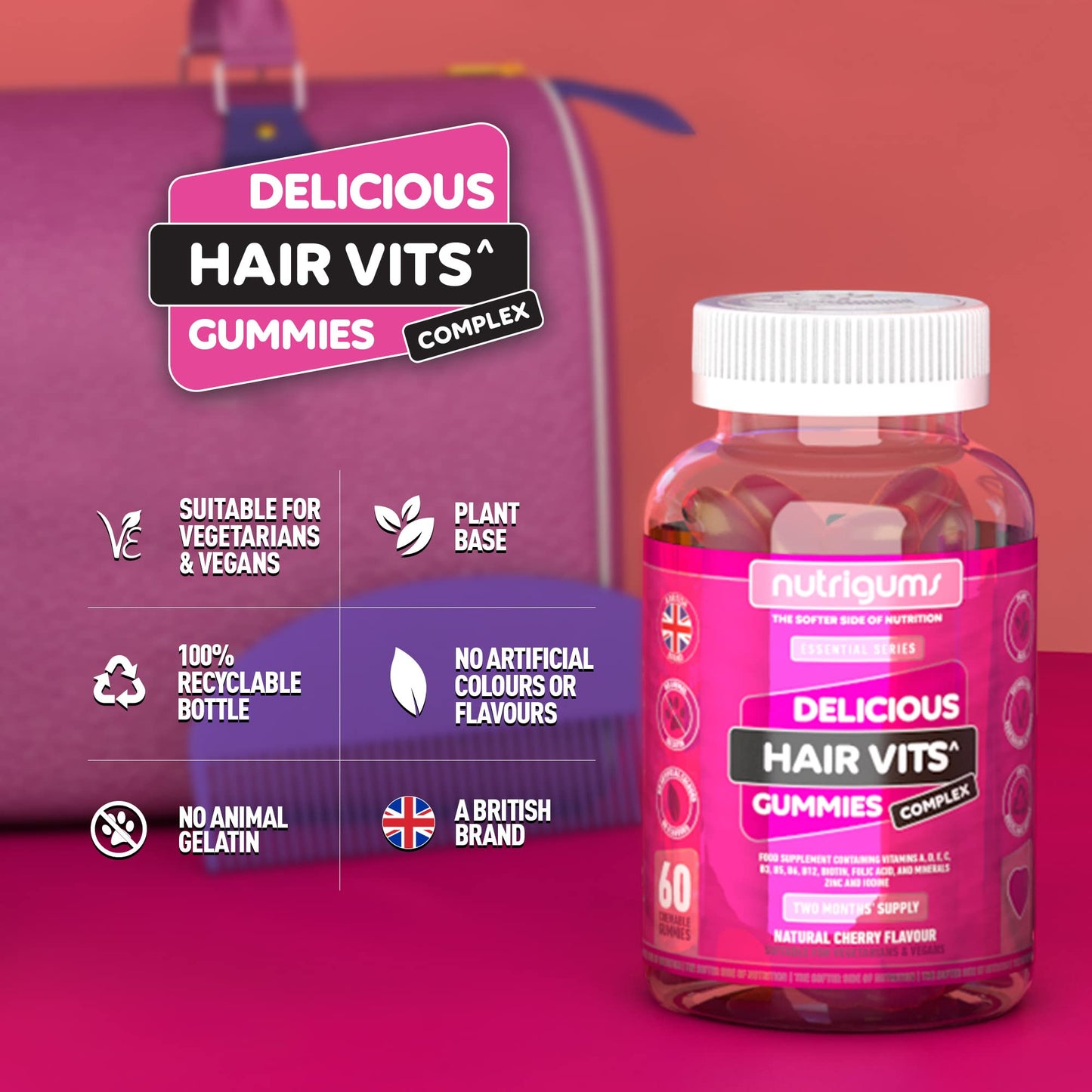 Hair Vitamin Biotin Complex Gummy | Cherry Flavour | 60 Vegan Gummies | Multivitamin Supplement containing Biotin, Vitamin C, Folic Acid and Zinc | Maintain Healthy Hair Growth by NUTRIGUMS®