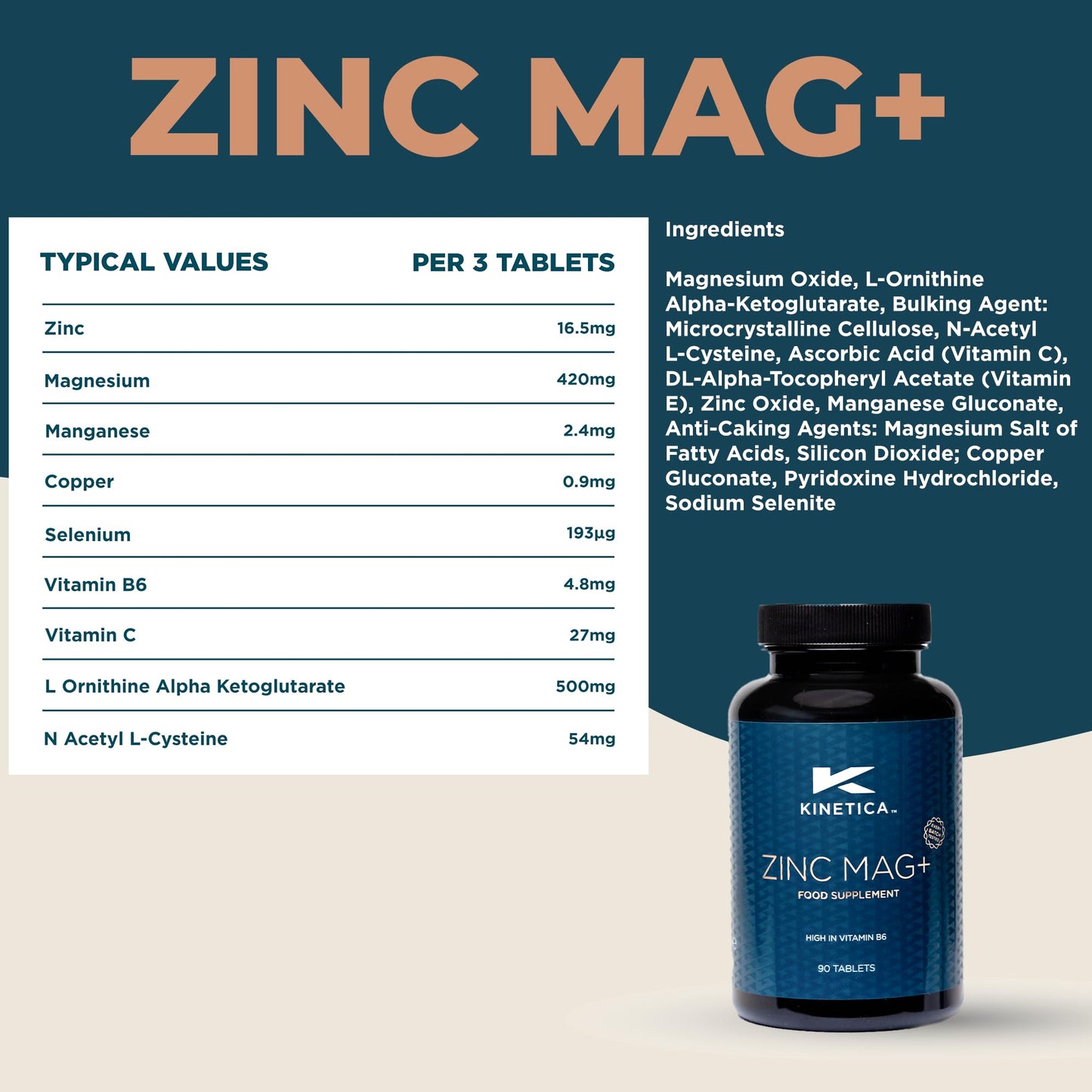 Kinetica Zinc Mag | 90 Capsules | 420 mg Magnesium | 16.5 mg Zinc | 193μg Selenium | 4.8mg B6 | 30 Servings | Sleep aid | Vegan & Vegetarian Friendly