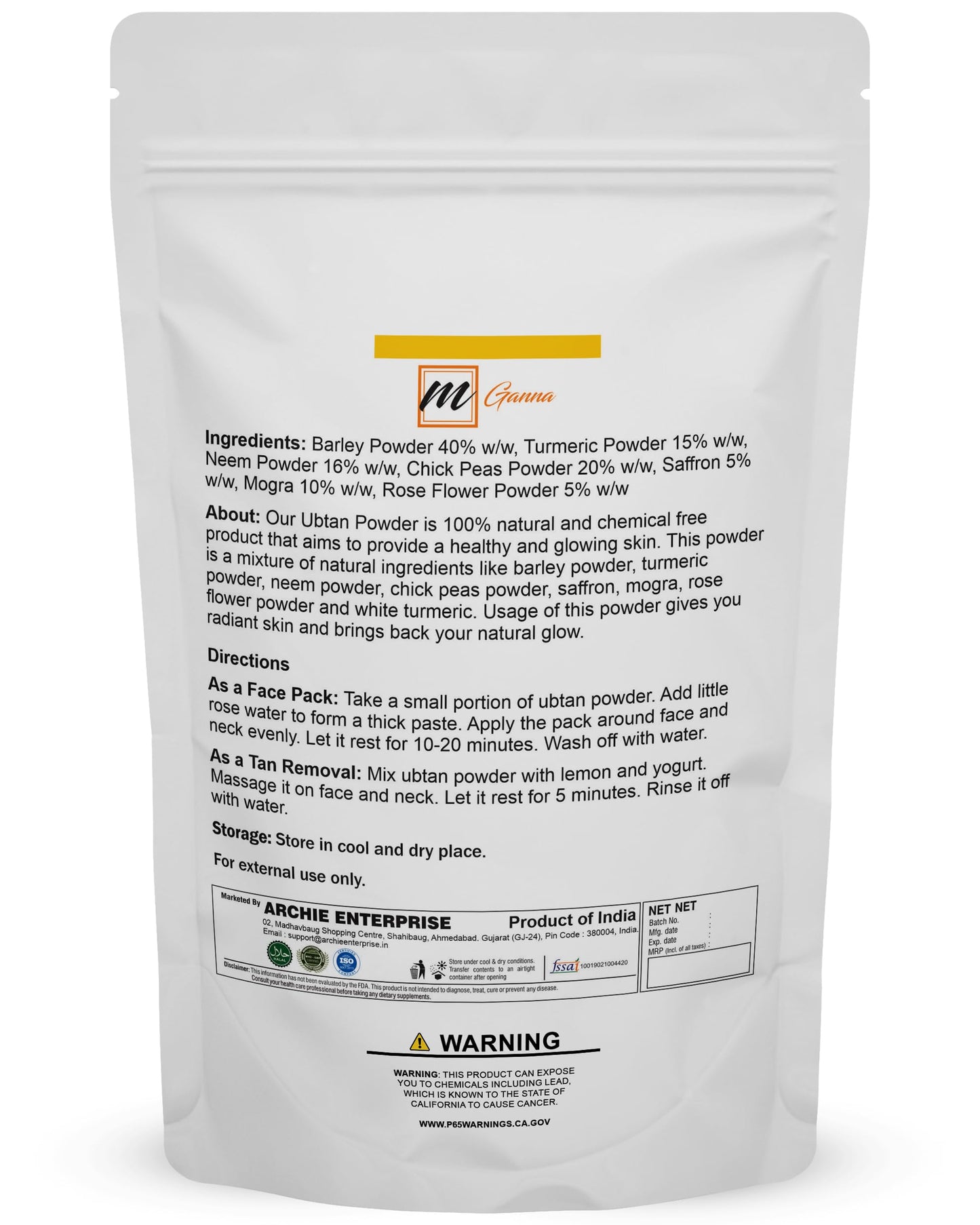 mGanna 100% Natural Ubtan Face Pack Powder and facial Mask for smooth Spotless Glowing Skin 0.5 LBS / 227 GMS