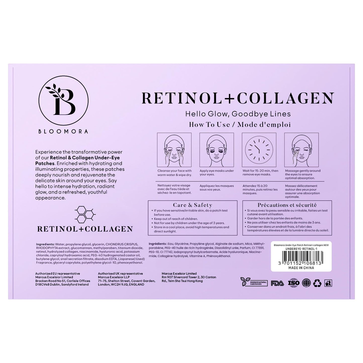 BLOOMORA Retinol & Collagen Under Eye Gel Patches (30 Pairs) | Eye Masks for Puffy Eyes | Under Eye Patches for Dark Circles & Puffiness | Under Eye Mask for Eye Care | Collagen Eye Patches