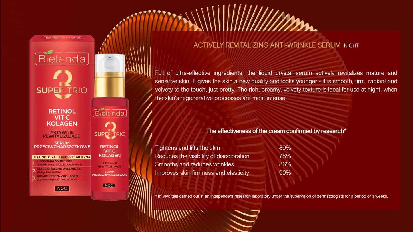 Bielenda Super Trio Retinol + Vit C + Collagen Actively Revitalizing Anti-Wrinkle Night Serum 30ml