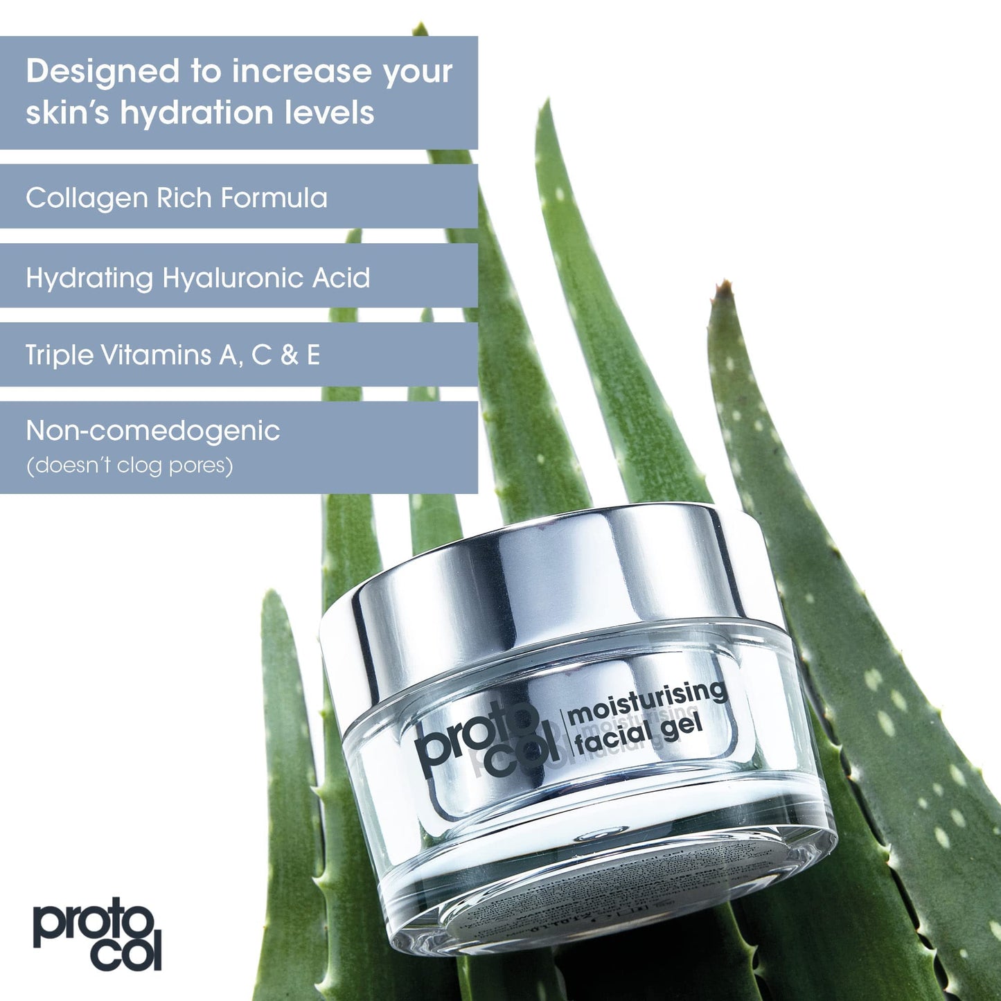 Proto-col - Collagen Gel, Moisturiser for Facial and Skin Hydration, Ultra Light Oil Free Formula for Results in 2 Hours, Made with Hyaluronic Acid, Vitamins A, C and E (50ml)
