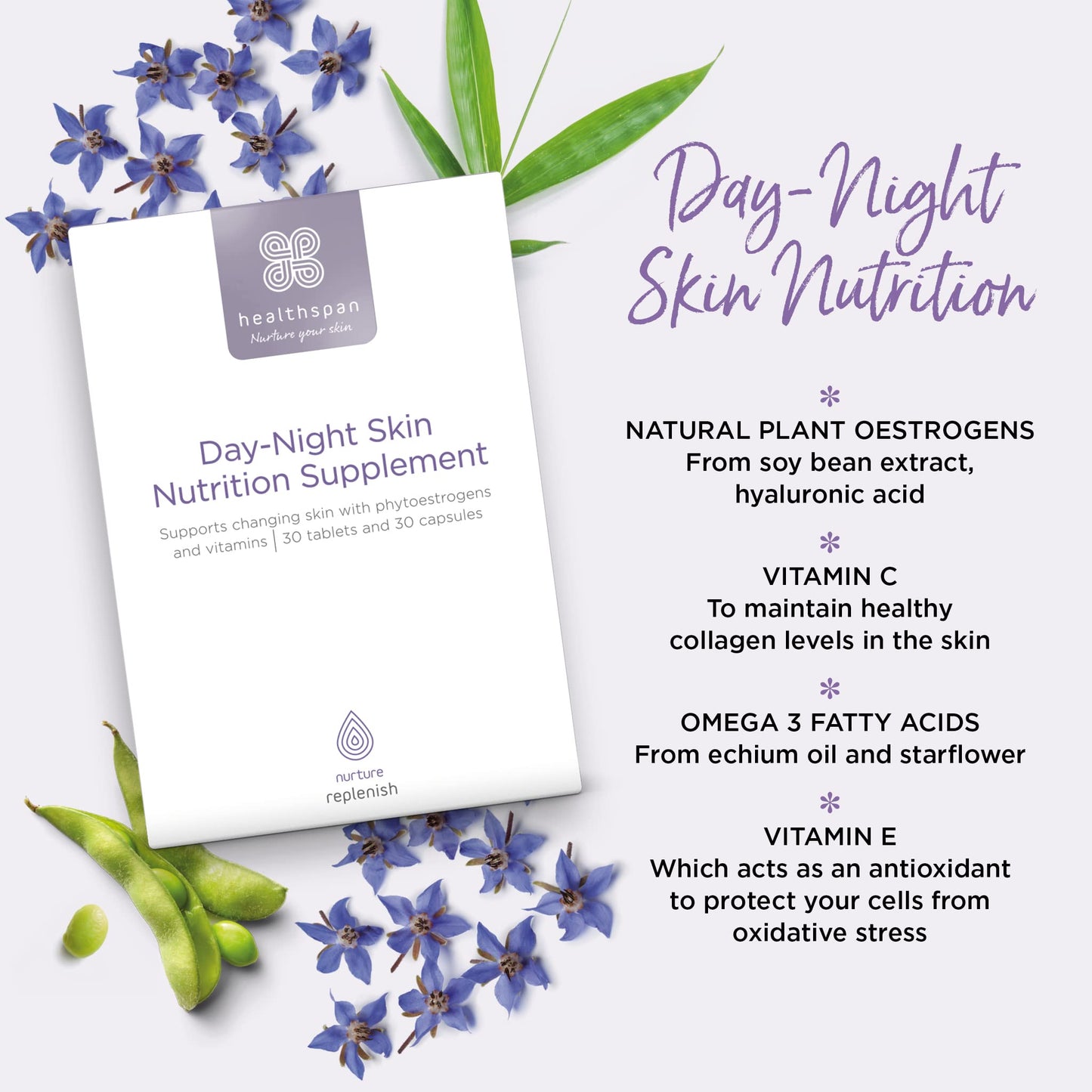 healthspan Healthspan Day-Night Skin Nutrition Supplement | Contains Soy Bean Extract & Omega 3 with Vitamins C & E | Skin Care | Vegetarian (30 Day Supply)