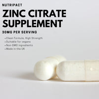 Zinc Supplement High Strength Zinc Citrate Capsules - 30mg Elemental Zinc (300% NRV) per serving - 120 Vegan Capsules - UK Made