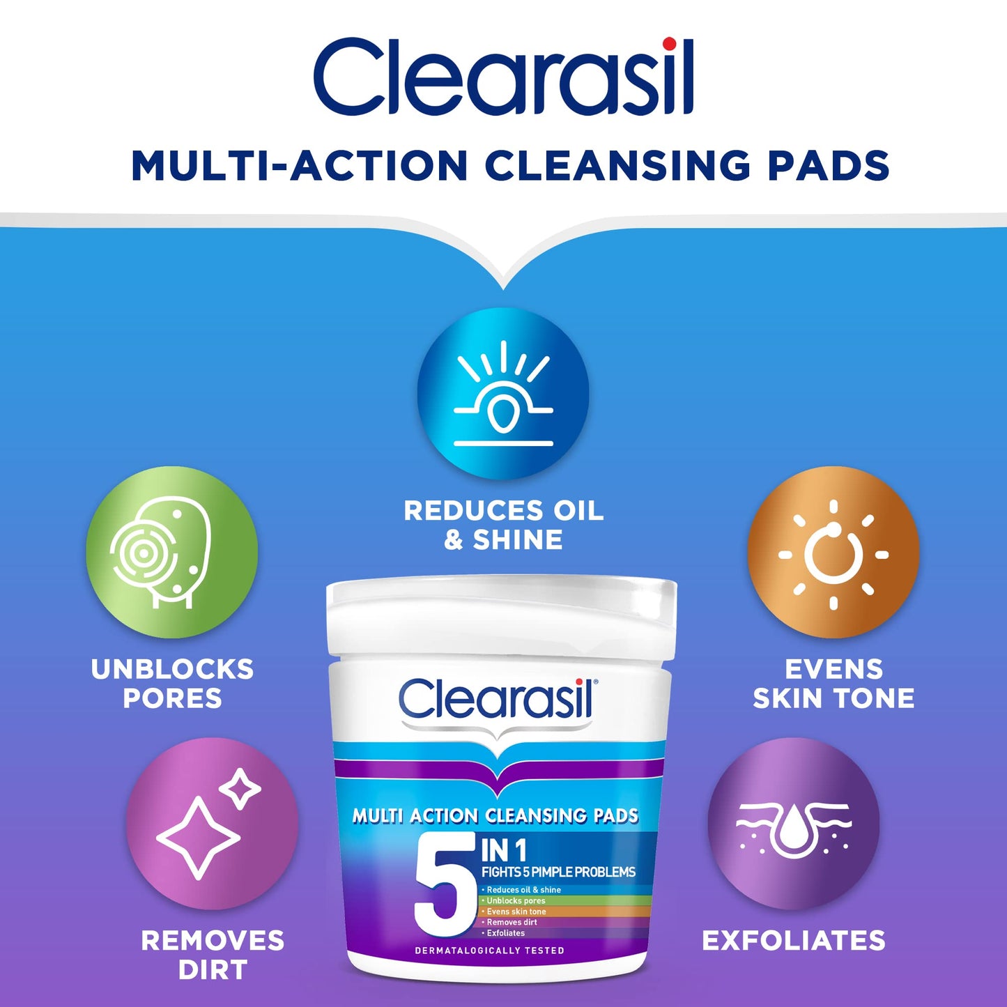 Clearasil 5-In-1 Ultra Cleansing Salicylic Acid Pads, Face Exfoliating For Acne Prone Skin, Unblock Pores, Reduces Blackheads, Pimples & Excess Oil, Everyday Spot Prevention, Pack of 65