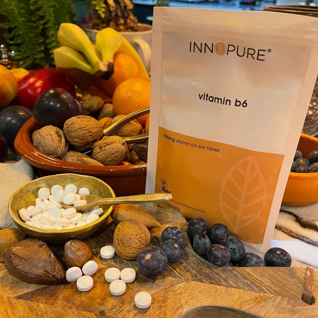 INNOPURE High Dose Vitamin B6 Tablets 100mg - One-A-Day Easy to Swallow Tablet - 4 Month Supply (120 Tablets) Vegan Society Approved, UK Made