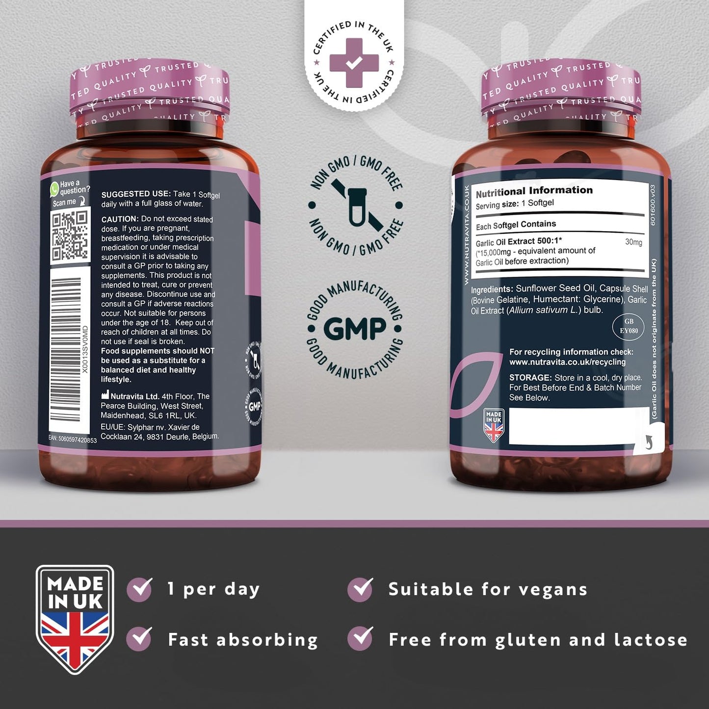 Premium Garlic Capsules - Odourless High Strength 15,000mg - 180 Soft Gel Capsules of Deodourised Cold Pressed Garlic Oil from Allium Sativum – 6 Month Supply - Made in The UK by Nutravita
