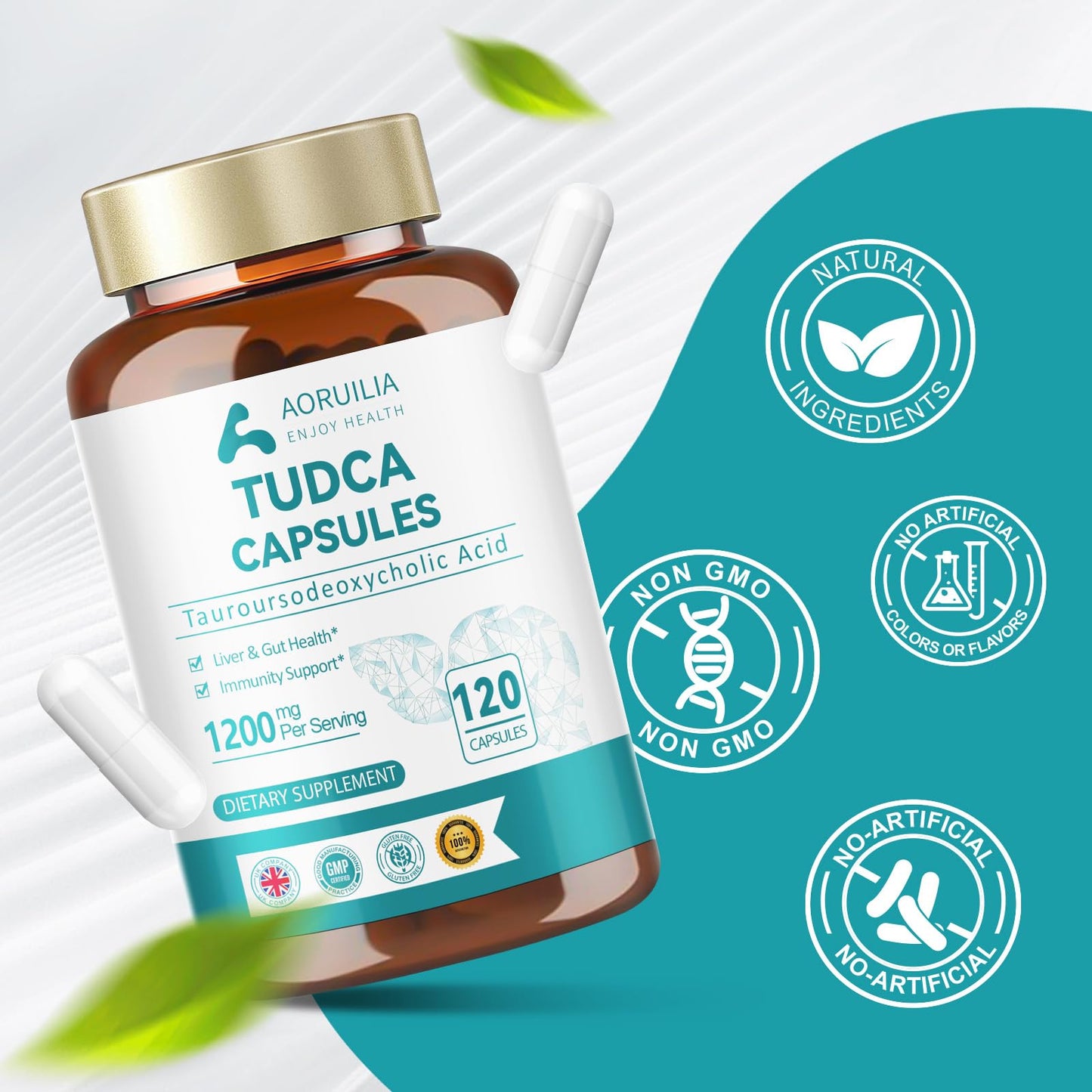 Aoruilia TUDCA Supplement, Tauroursodeoxycholic Acid Complex 1200mg Per Servings, Bile Salts for Liver & Gut Health Support, 120 Capsules