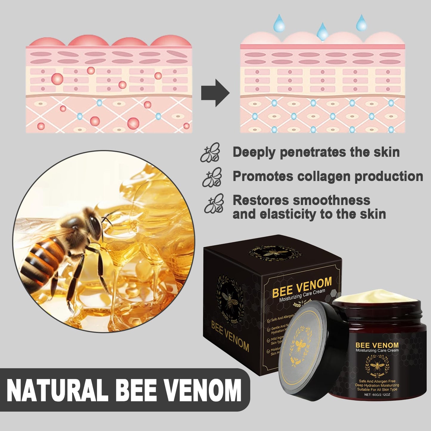 Trendyfave Bee Venom Skin Treatment Cream,Bee Venom Cream For Wrinkles Skin Repair Cream Deep Hydration Natural Ingredients, Soothes Skin, Moisturizing For All Skin Types