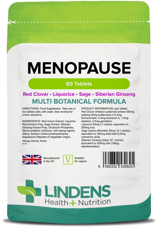Lindens Menopause Formula 60 Tablets - Multi Botanical Formula Including Red Clover, Liquorice, Sage and Siberian Ginseng - Supports with Menopausal Symptoms and Promote Wellbeing & Vitality