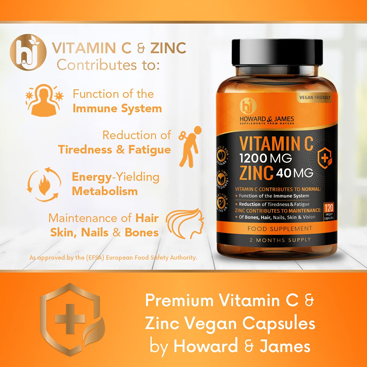 Vitamin C 1200mg and Zinc 40mg per Daily Serving - 120 High Strength Vegan Capsules with Ascorbic Acid - 2 Month Supply - Made in The UK by Howard & James