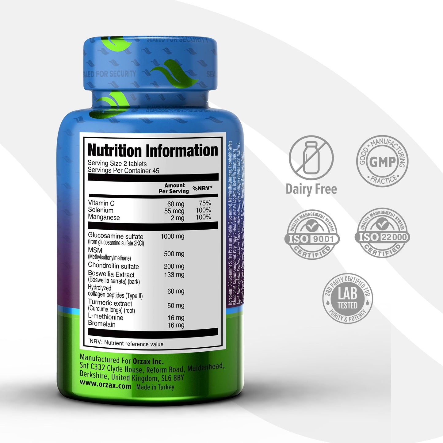Glucosamine Chondroitin MSM Complex, 90 Tablets, High Strength, with Collagen, Boswellia & Bromelain,Turmeric,Joint Supports