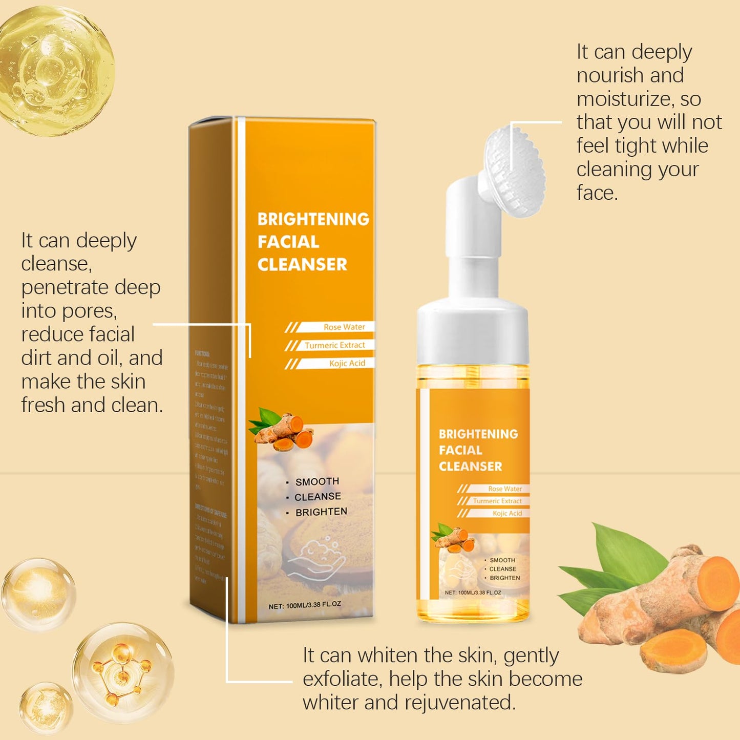 Brightening Face Wash, Turmeric Kojic Acid Foaming Facial Cleanser, Turmeric Face Wash with Brush, Foaming Face Cleanser Women for Skin Tone, Reduce Blemish & Acne, Gentle Cleanser for Hydrate Skin