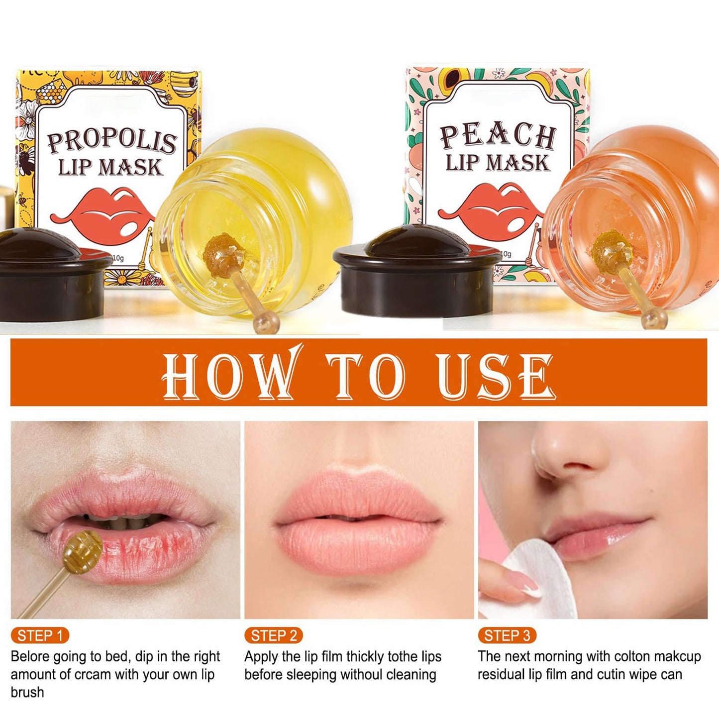GEEWHILE Lip Sleeping Mask Moisturizing Lip Mask Skincare Lip Balm Set, 2 Pcs Peach+Honey Bee Balm Lip Mask for Day&Night Lip Care, Lighten Dark Lip Color Reduce Lip Lines, Repair,Prevent Dry Crack