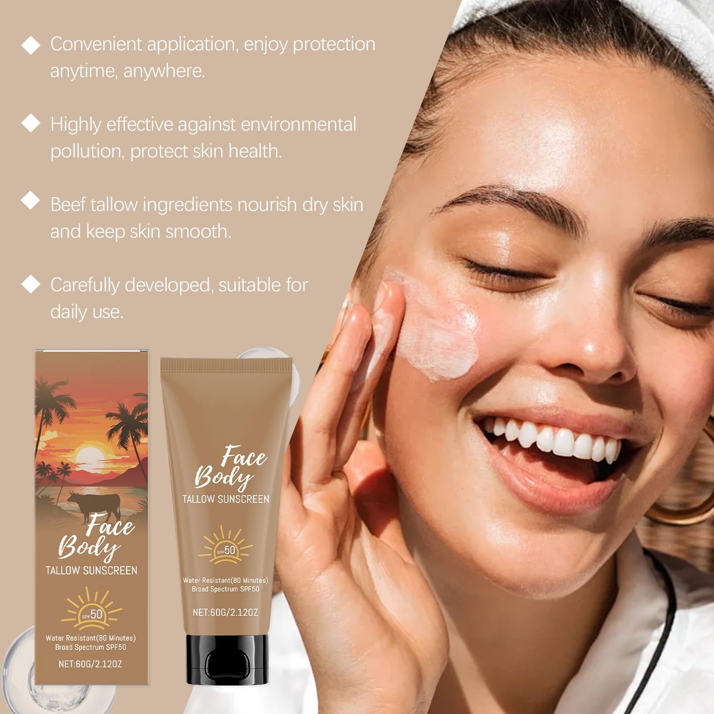 Tongyend Tallow Sunscreen SPF50+ Face & Body Sun Cream | Broad Spectrum UVA/UVB Protection | Face Sun Cream SPF 50 | Natural Tallow & Shea Butter | Non-Greasy + Lightweight | 60g Travel-Friendly