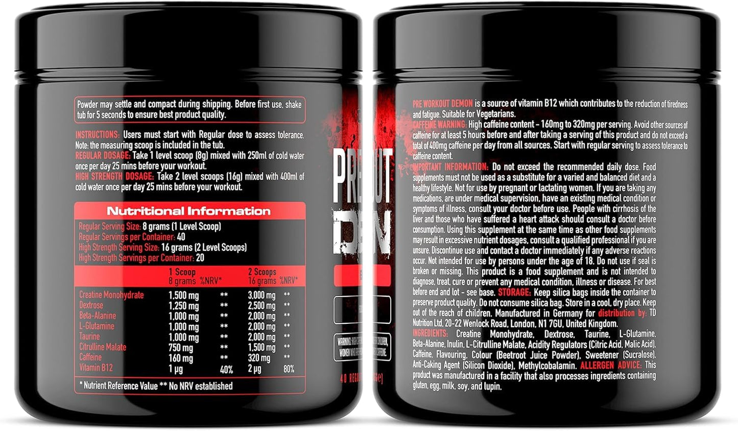DEMON LABZ Pre Workout Demon - Advanced Pre-Workout Energy Powder with Creatine, Caffeine, Beta-Alanine & Glutamine, Berry Blast, 360g - 40 Servings