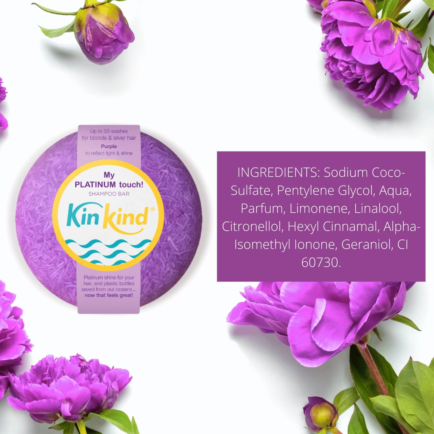 KinKind My PLATINUM touch! Purple Shampoo Bar for blondes, silver & white hair. Reduces brassy or yellow tones. Up to 50 washes. Vegan. No silicones. 50g