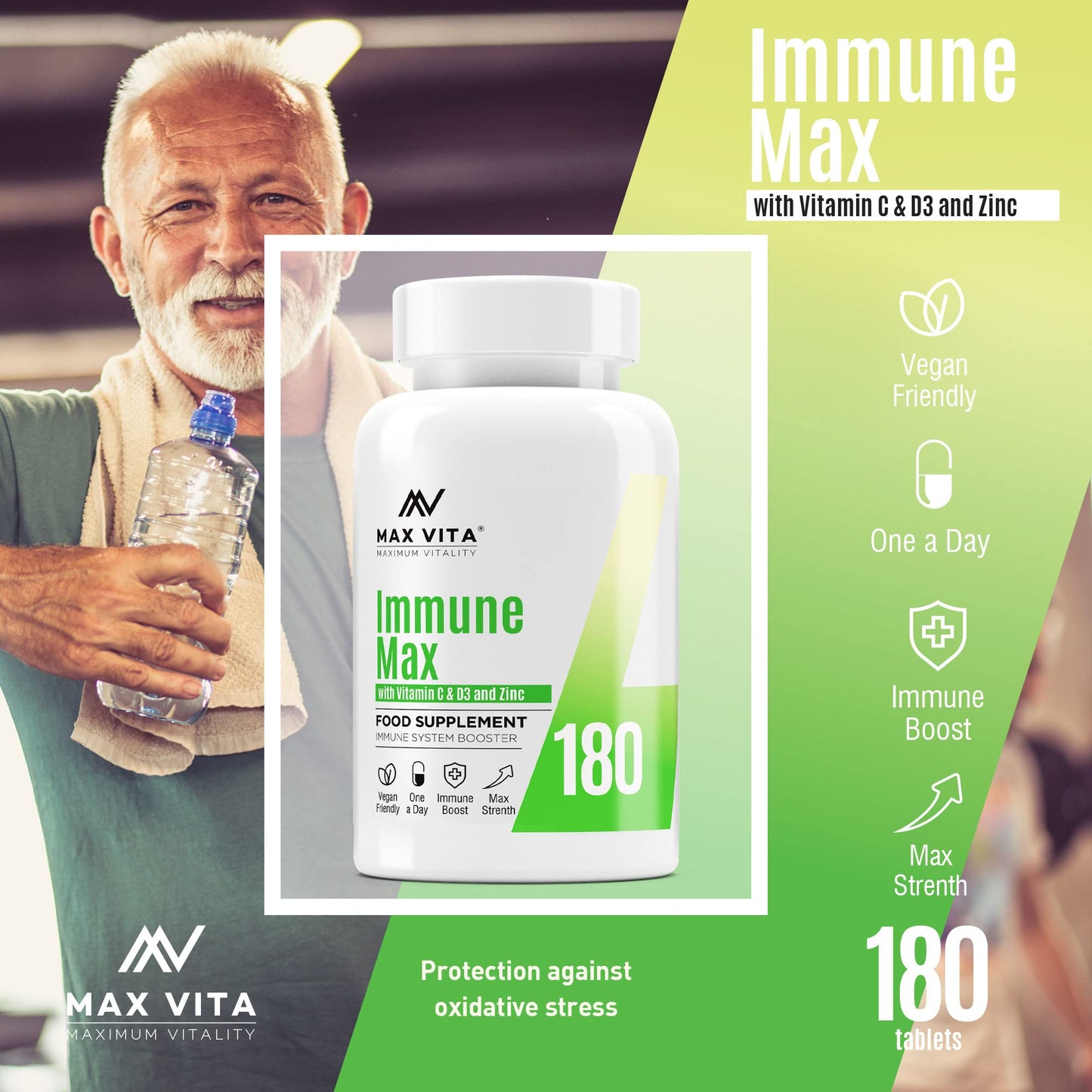 MAX VITA MAXIMUM VITALITY Vitamin C with Zinc 15mg & Vitamin D3 2000IU Multivitamin for Men & Women Immune Booster Strong Bones Teeth - 180 Vegan & Vegetarian Tablets Made in The UK