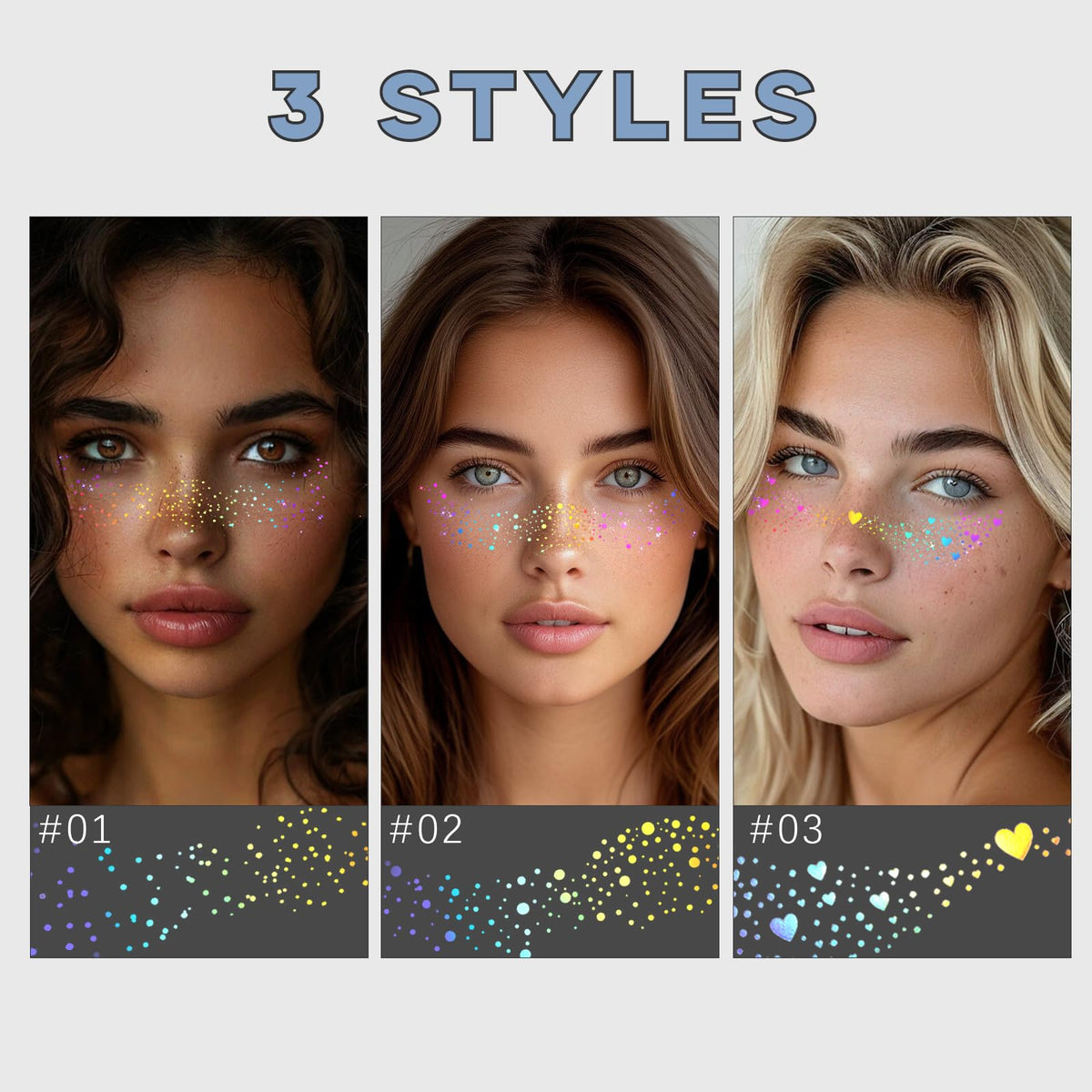 Noerrors 6pcs Glitter Freckles Face Tattoo, 3 Styles Multichrome Holographic Sparkle Face Glitter Speckles Patches, Waterproof Metallic Cute Temporary Tattoo Stickers Makeup Festival Rave Accessories