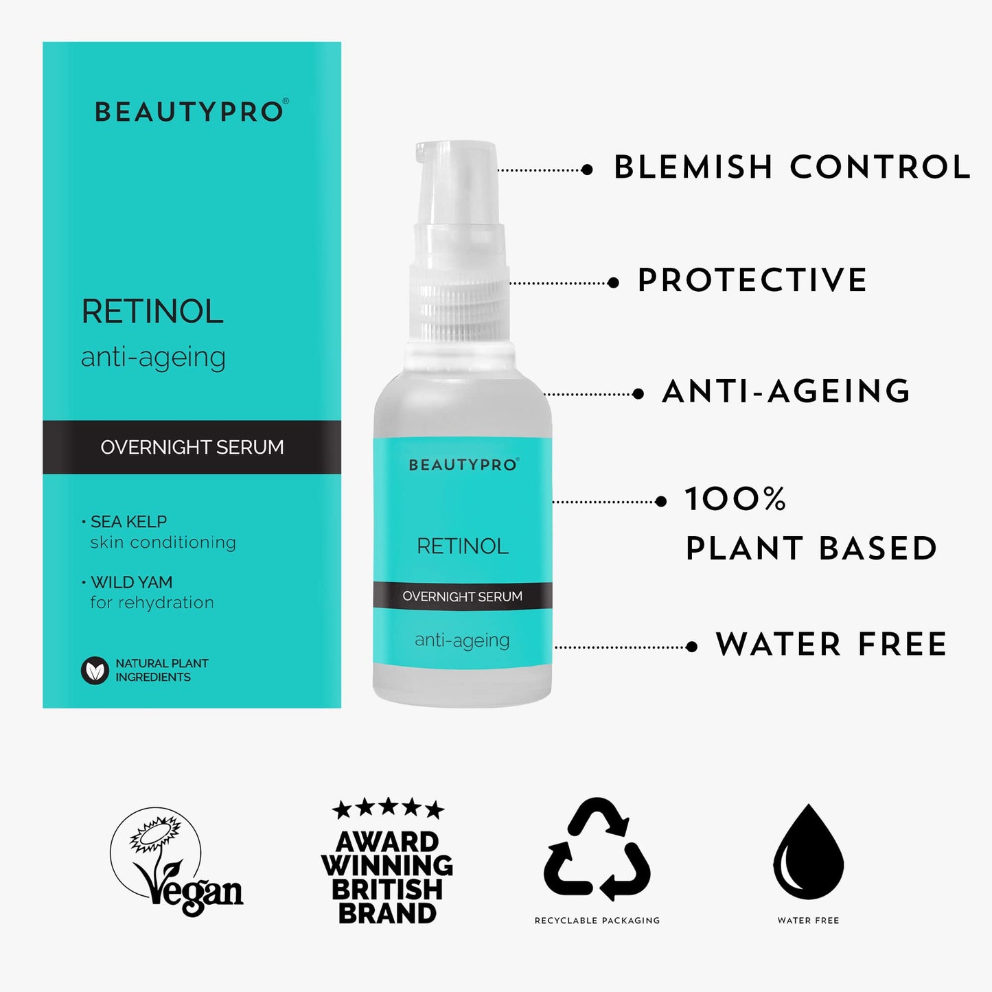 BEAUTYPRO RETINOL 1Anti-Aging Overnight Face Serum 30ml | 100% Plant Based Skincare Serum | Anti-Aging, Targets Blemishes, & Reduces Inflammation | Seaweed Kelp Complex & Organic Pine Oil |