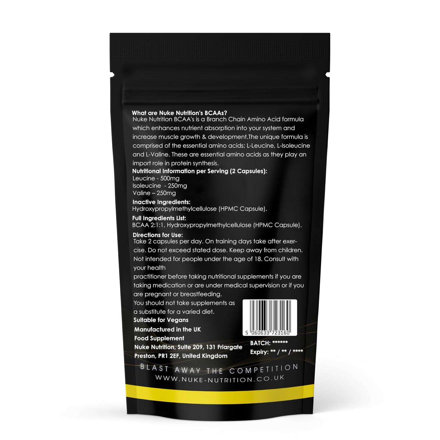 Nuke Nutrition BCAA Capsules | 60 Capsules 1000mg | Advanced Essential Amino Acids Supplement to Build Lean Muscle | Boost Recovery, Muscle Building & Growth | Leucine, Isoleucine & Valine | Vegan